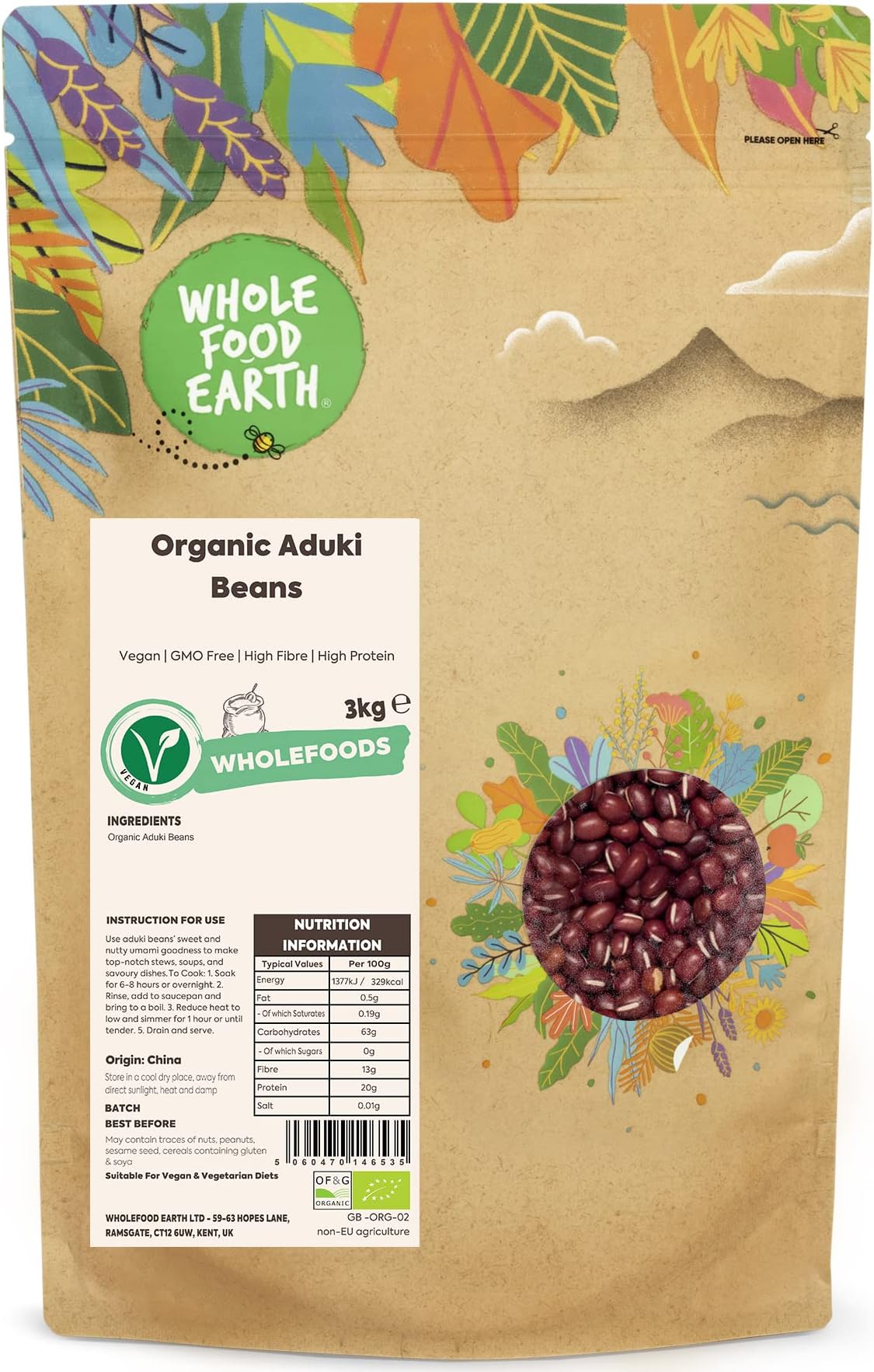 Wholefood Earth Organic Aduki Beans 3kg Vegan | GMO Free | High Fibre | High Protein | Certified Organic