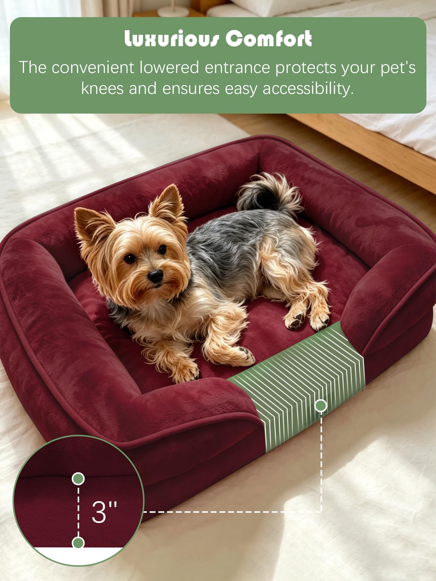 Spotted Play Orthopedic Dog Bed with Sides - Sofa Beds for Small Dogs, Supportive Foam Pet Couch Bed with Washable Removable Cover, Waterproof Lining and Non-Slip Bottom, Burgundy - S view 3