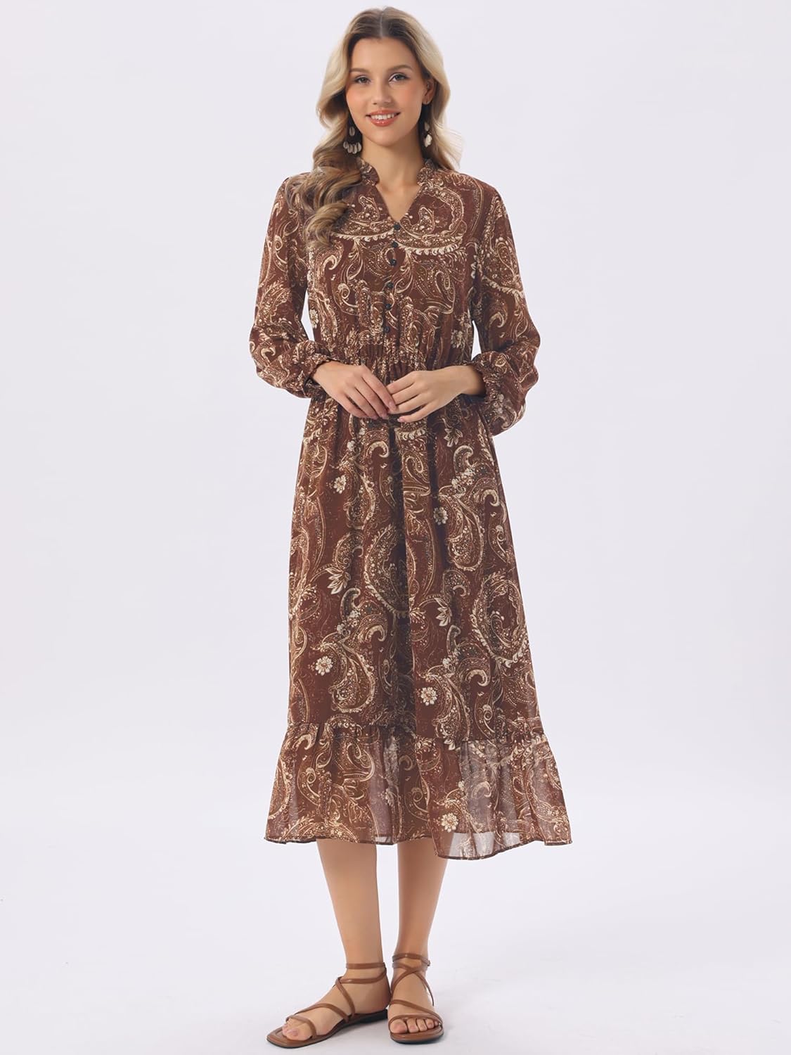 Seta T Women's Boho Dresses V Neck Long Sleeve Smocked Cuff A-Line Floral Tiered Flowy Fall Midi Dresses