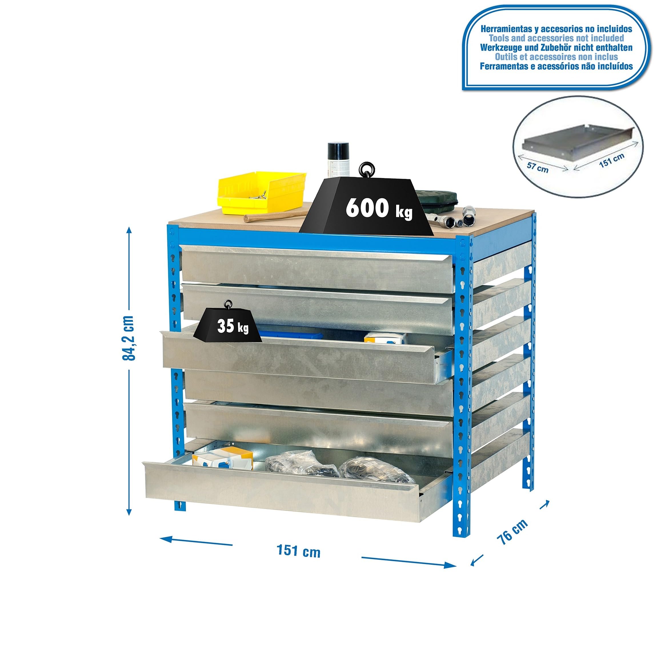 Simon Rack Banco de Trabajo Taller con 6 cajones 1510x760 mm - BT5 | Tablero madera 16 mm, Capacidad Carga 600 kg, Azul , Pintura anticorrosión, Montaje sistema clic