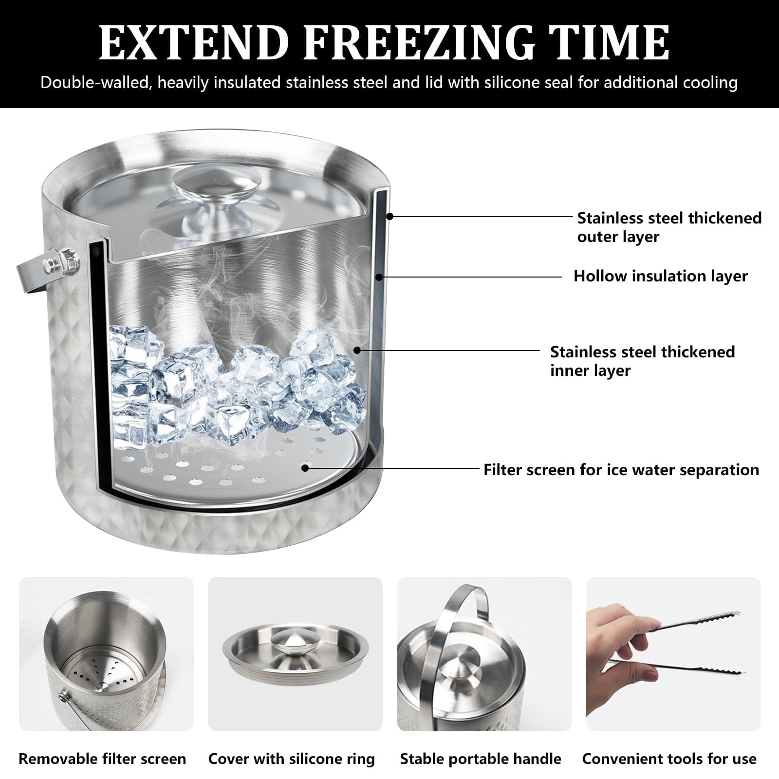 Zythrem 2L Secchiello Ghiaccio in Acciaio Inox, con Coperchio in Silicone, Pinze e Pala, Secchiello Ghiaccio Vino Acciaio Inox a Doppia Parete Isolante, per Cocktail Bar, Feste, Mantiene Il Ghiaccio