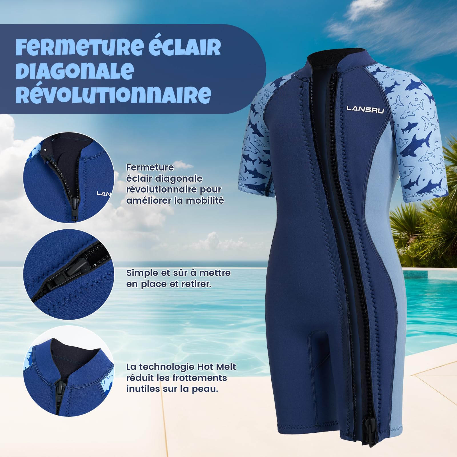 Combinaison en néoprène Court de 2,5 mm pour Enfant avec matériau SCR amélioré, Fermeture éclair intégrale et Protection UV pour Le Surf, la Natation et la plongée