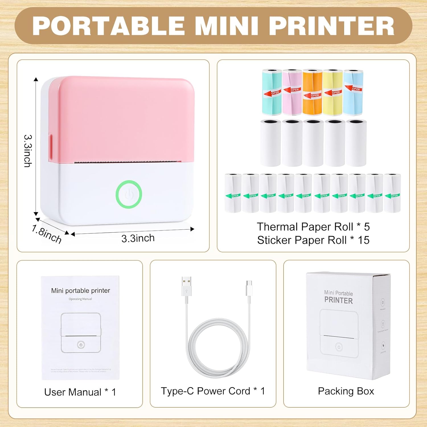 Print Pods Mini Printer, Thermal Inkless Sticker Maker with 20 Rolls Printing Paper, Pocket Printpod for phone, Impresora Portátil for Notes, Flashcards, Journal, DIY, Compatible with iOS & Android