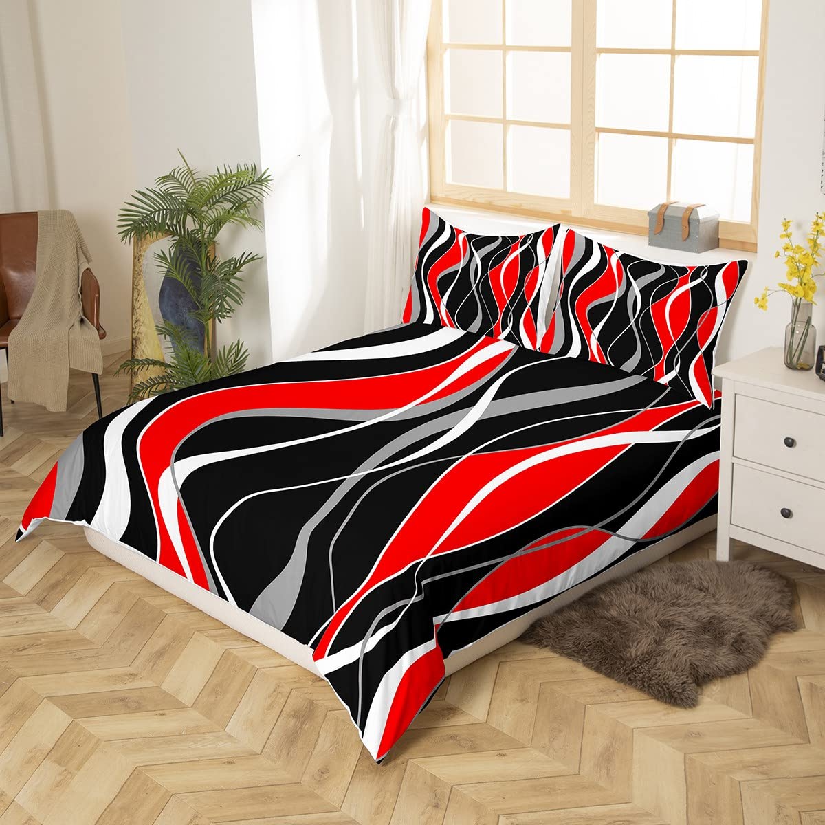 Red Black Stripe Duvet Cover Double Modern Bedding Set, White Gray Comforter Cover Abstract Line Bed Set - Image 2