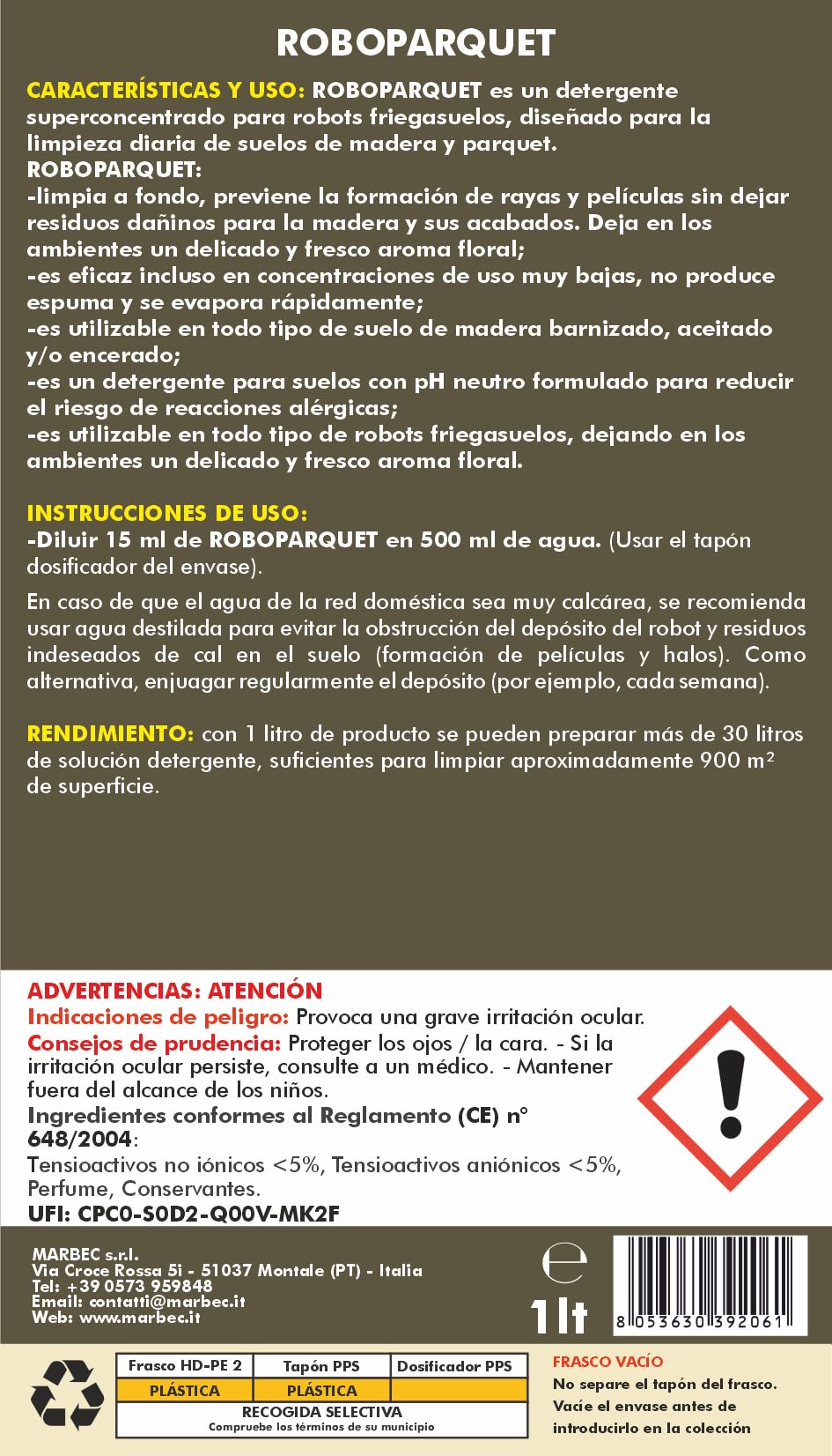 MARBEC ROBOPARQUET 1LTx6PZ Detergente concentrado de baja espuma para la limpieza de suelos de madera y parquet con robots lavasuelos. Limpia en profundidad y se seca rápidamente.