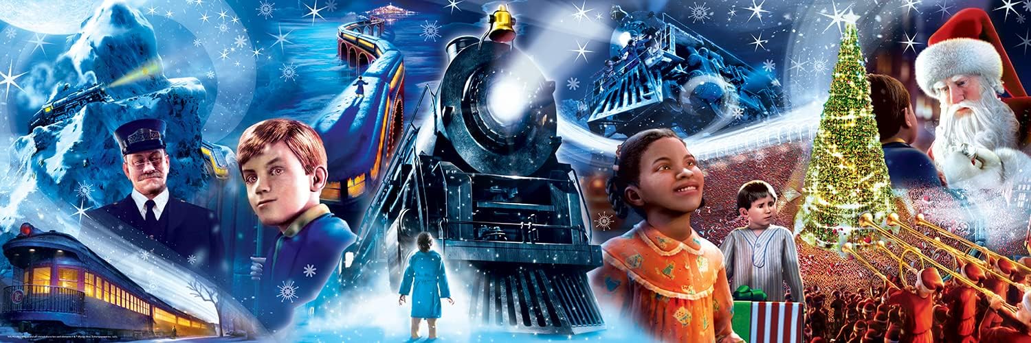 MasterPieces Polar Express Puzzle 1000 Piece Christmas Jigsaw Panoramic - Official Holiday Movie Artwork, Winter Train Scene, Random Cut Pieces, Matte Finish, 13 x 39 Display Collectible