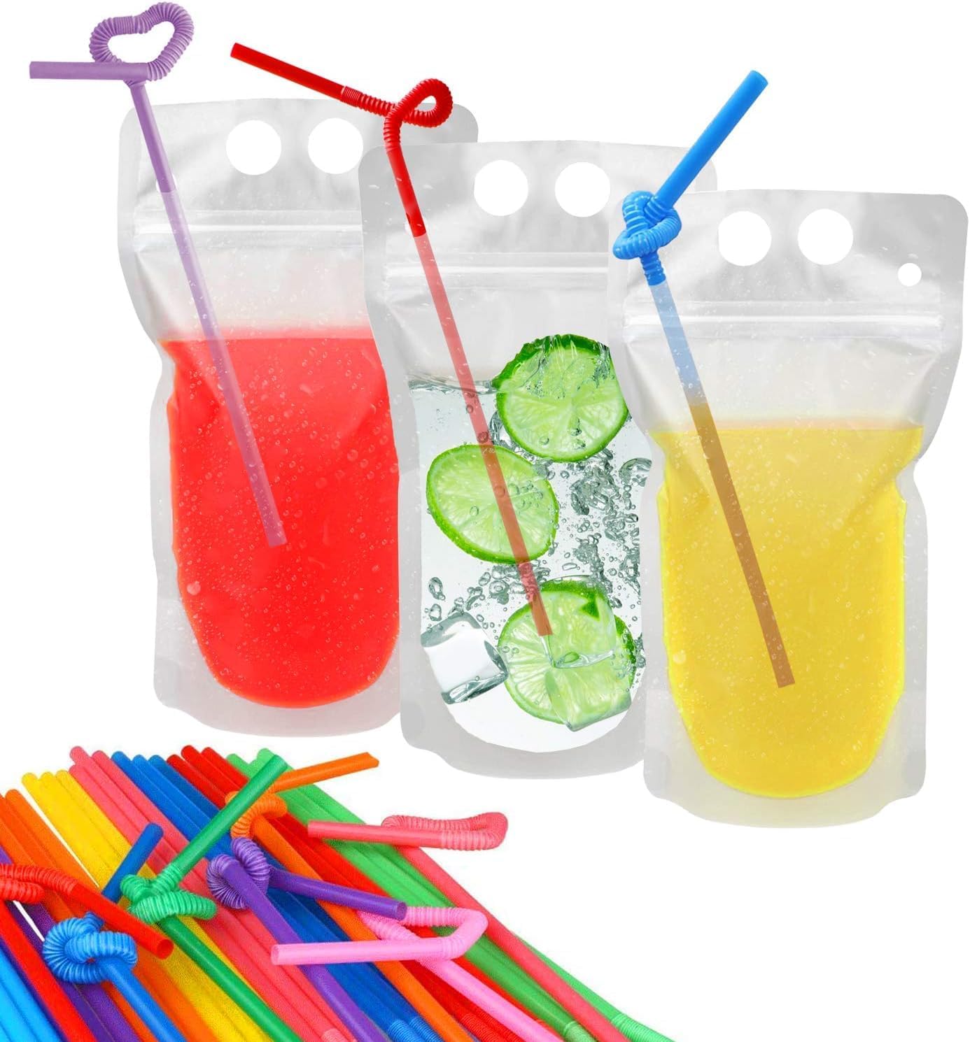 200 Pcs Drink Pouches with 200 Straw Holes, Freezable Juice Pouch, Translucent Reclosable Zipper Plastic Pouches Drink Bags for Cold & Hot Drinks for Adults and Kids
