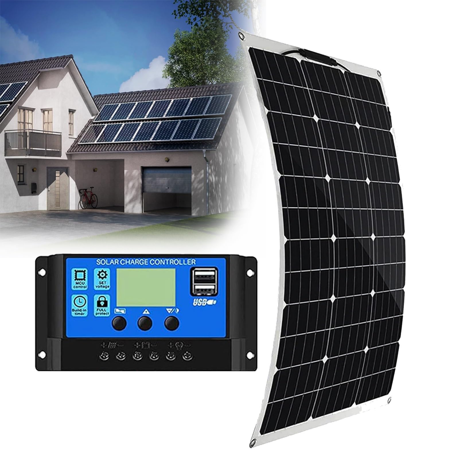Kit Flexible de Panel Solar de batería de Panel Solar de 500W 1000W con Controlador Solar para Caravana, Autocaravana, RV, automóvil y Carga de batería(1x500W)