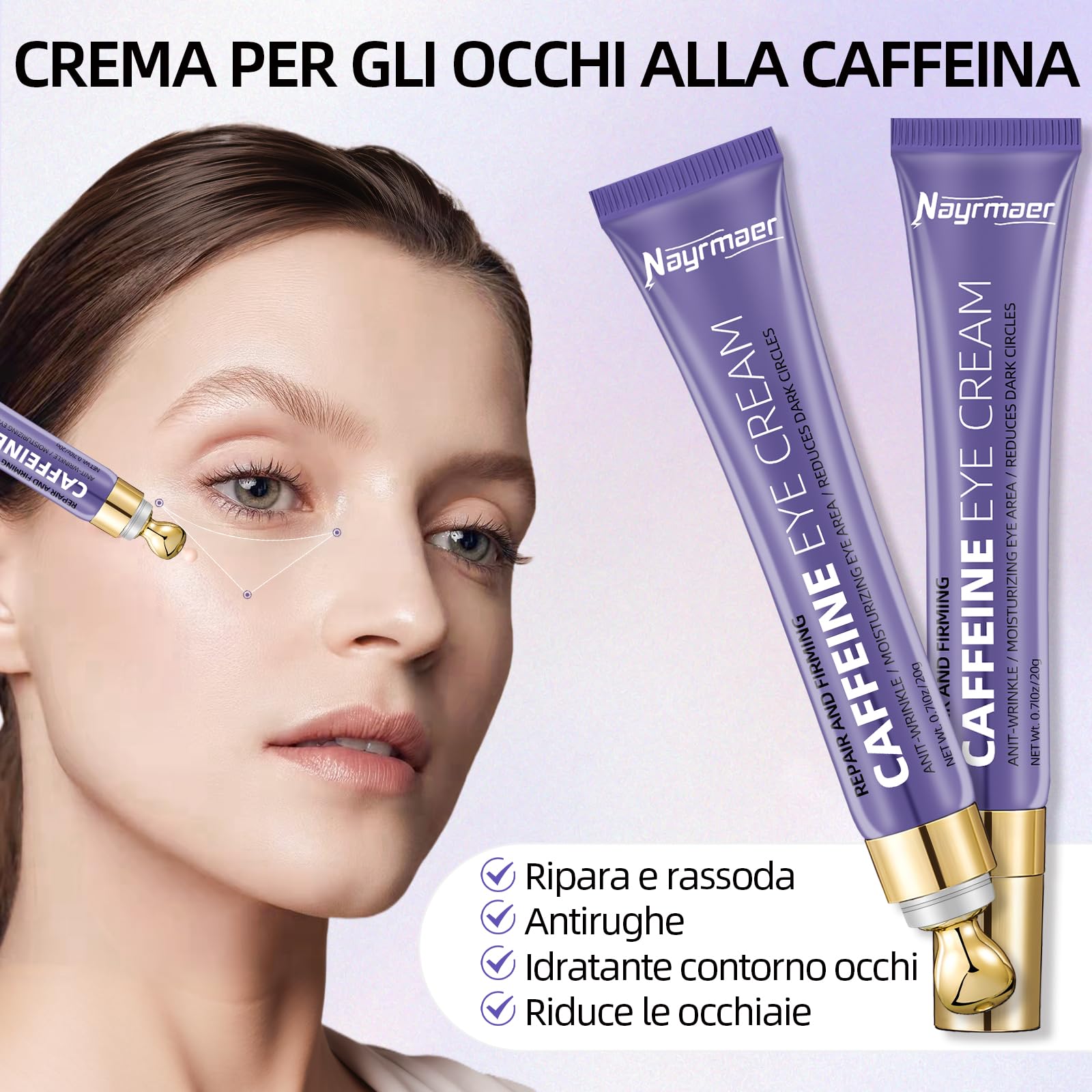 Crema Contorno Occhi alla Caffeina 20g, Riduce le Occhiaie e il Gonfiore, Contiene Niacinamide e Acido Ialuronico, Idratante, Adatta a Tutti i Tipi di Pelle