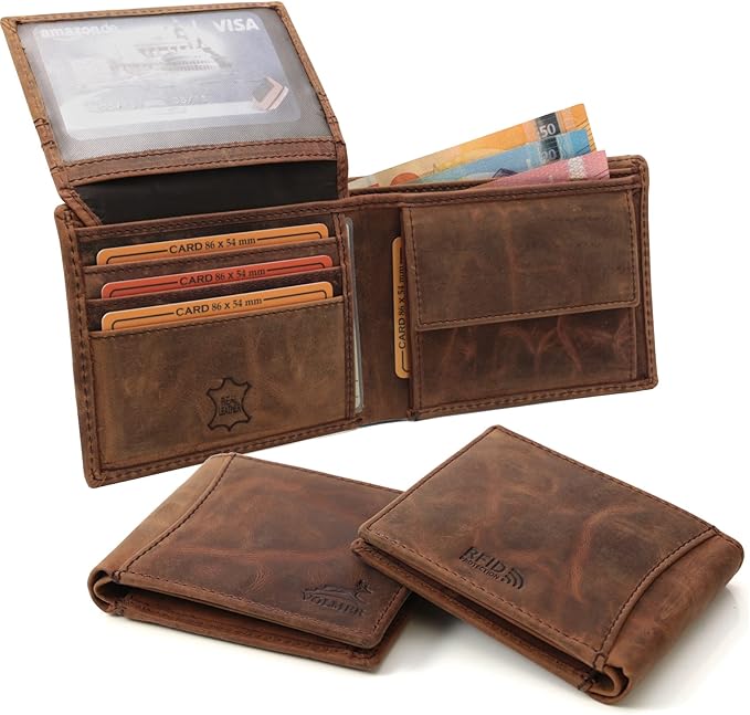 Fa.Volmer ® Leren portemonnee voor heren met RFID-bescherming, stabiele naden, rundleer, bruin of zwart, bruin hoog, 12,5 x 2,0 x 9,5 cm, Klassiek