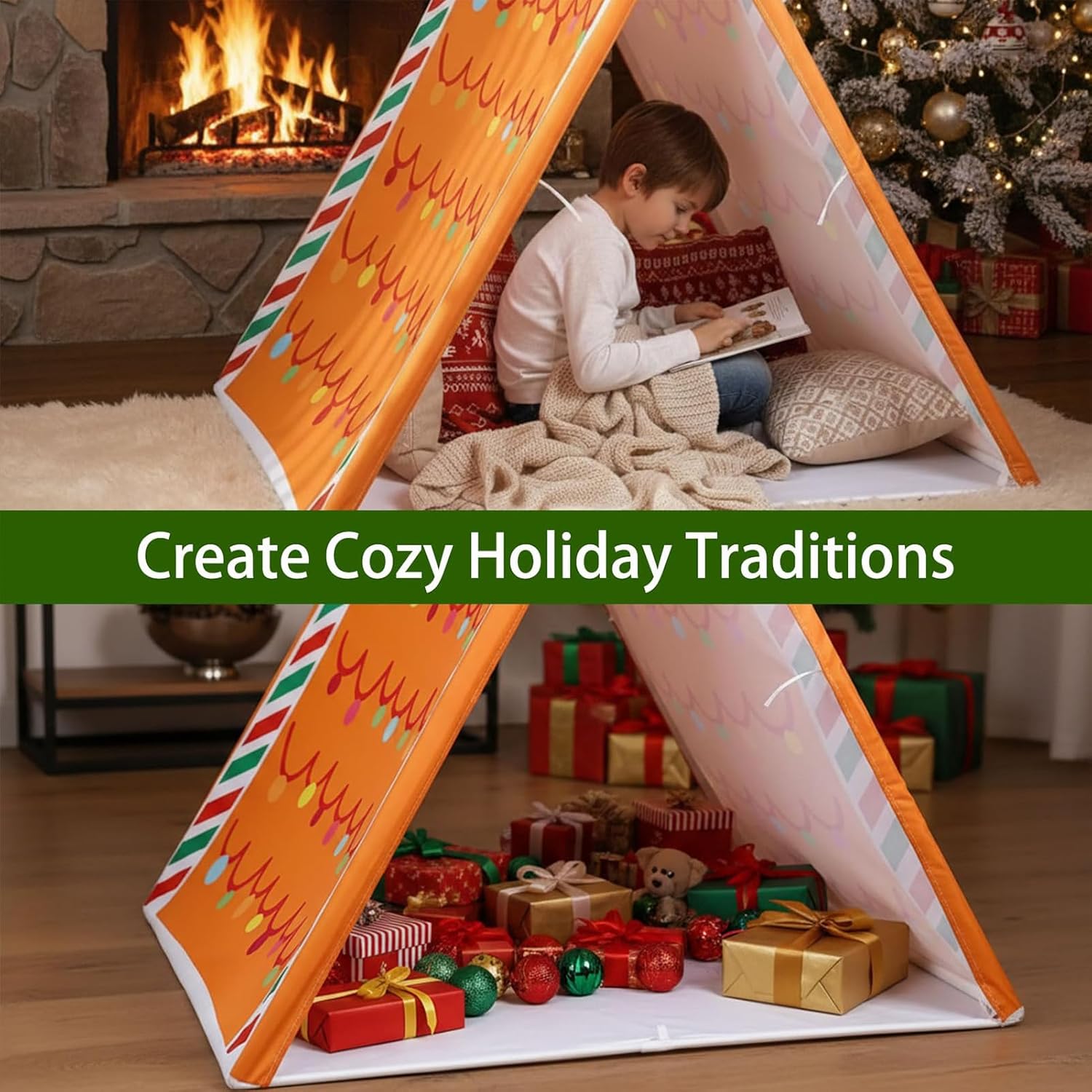 クリスマスジンジャーブレッドハウスプレイテント、軽量ポップアップ屋内プレイハウス、簡単組み立て、お祝いクリスマスパーティーデコレーシ