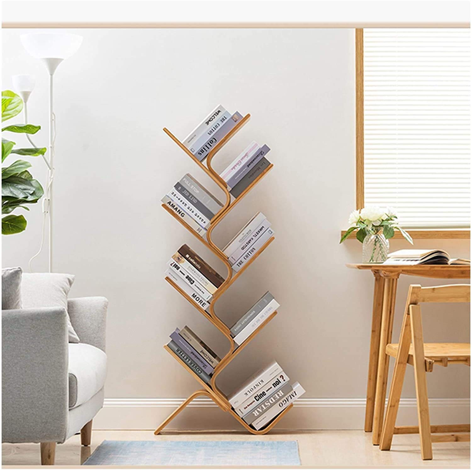 Hoctieon Boomboekenplank met 10 niveaus, boekenkast met 10 planken, vrijstaande boomboekenkast, staande staande plank voor boeken, boekenorganizer