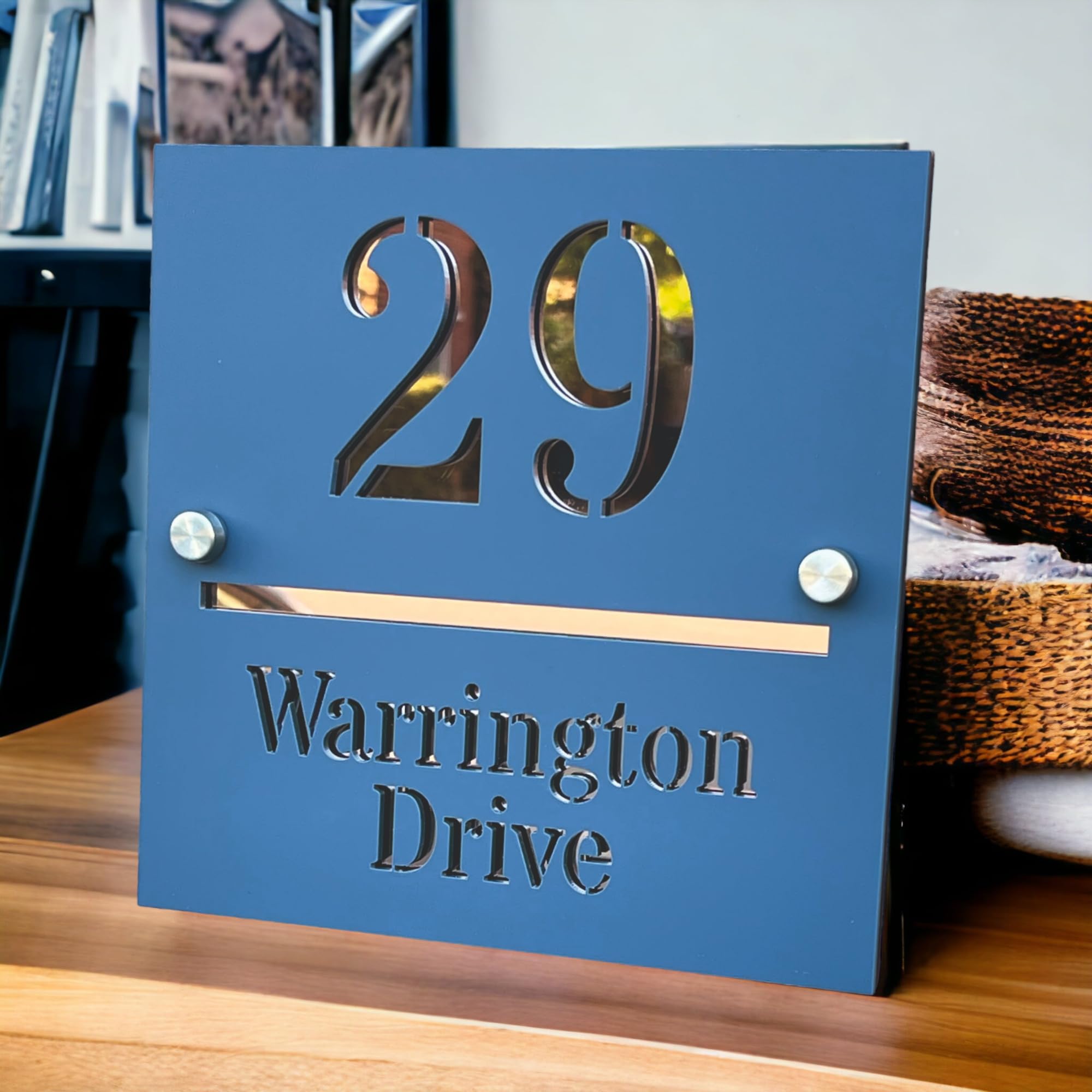 Contemporary House Sign Address Door Number Plaque Signs (Matt Denim Blue Finish) Laser Cut for 3D Effect (Denim Blue & Rose Gold)