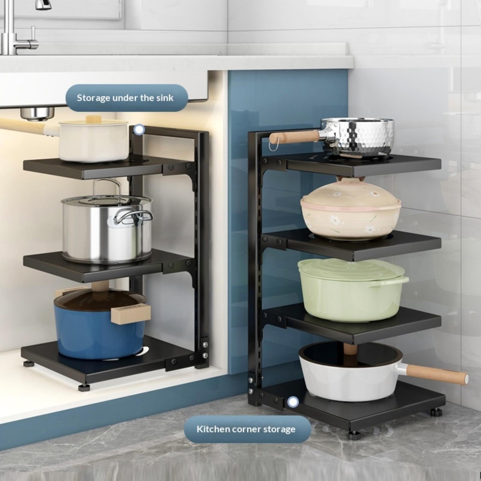 Organiseur de casseroles et poêles pour armoire, noir, réglable et robuste, sous l'évier ou étagère flottante, organiseurs de rangement de couvercle de casserole