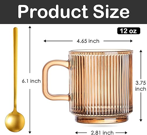 Miniatura 4 de Taza de café de vidrio para café expreso de 12 onzas con rayas verticales clásicas, tazas de té de vidrio, vasos transparentes para café con leche,