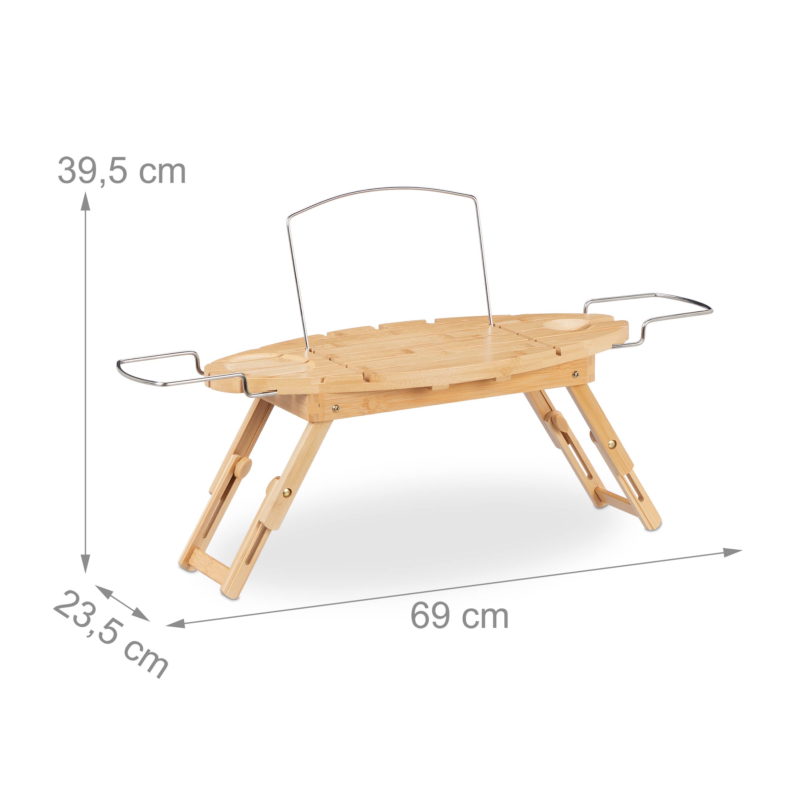 Relaxdays Vassoio per Vasca da Bagno, in bambù, Regolabile 69-90 cm, con Leggio e Gambe Pieghevoli, Mensola, Naturale