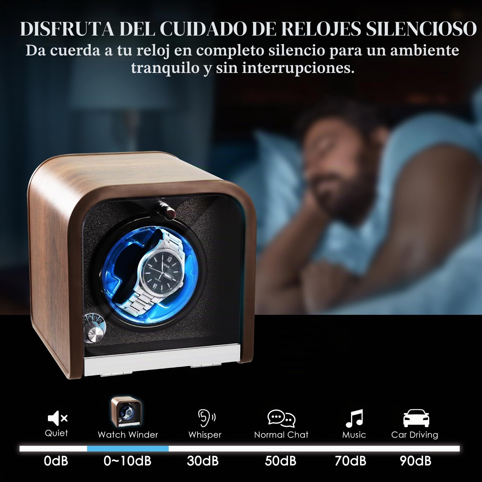 Enrollador Automático para Relojes, Enrollador Individual con 4 Modos de Rotación/Luz LED Azul/Tecnología Smart Stop/Almohadilla de Espuma/Motor Silencioso/Vitrina de Madera para Relojes Automáticos