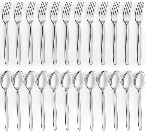 Unokit Juego de 24 tenedores y cucharas, tenedores y cucharas, cubiertos de acero inoxidable de grado alimenticio para el hogar, cocina y