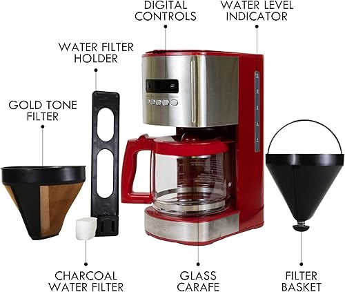 Miniatura 7 de Kenmore Aroma Control - Cafetera programable de 12 tazas cafetera de goteo de acero rojo y inoxidable jarra de vidrio filtro reutilizable