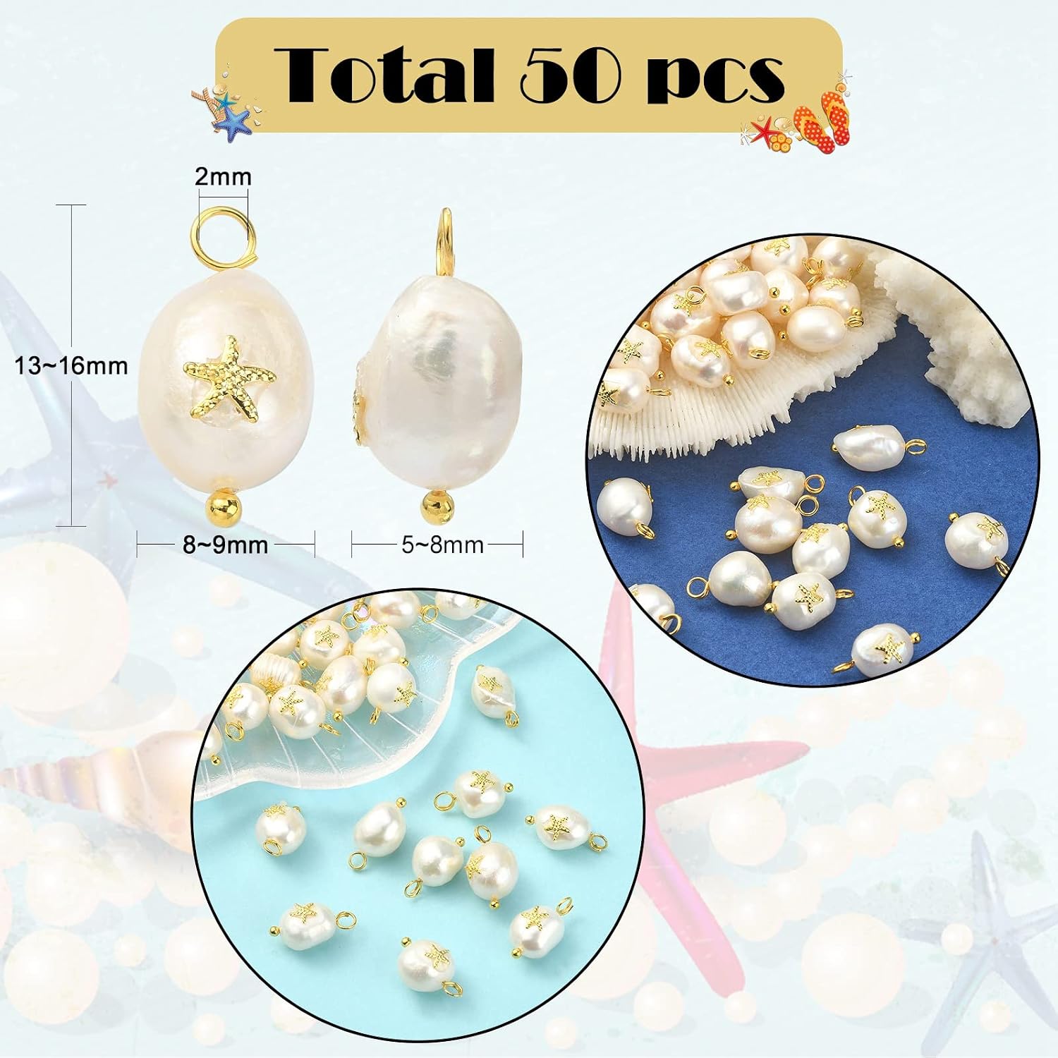 Airssory 50 Pcs Natural Keshi Pearl Nuggets with Starfish Charms Mini Marine Ocean Sea Theme Pendants Bulk for Jewelry Making DIY Accessories - 13~16x8~9mm