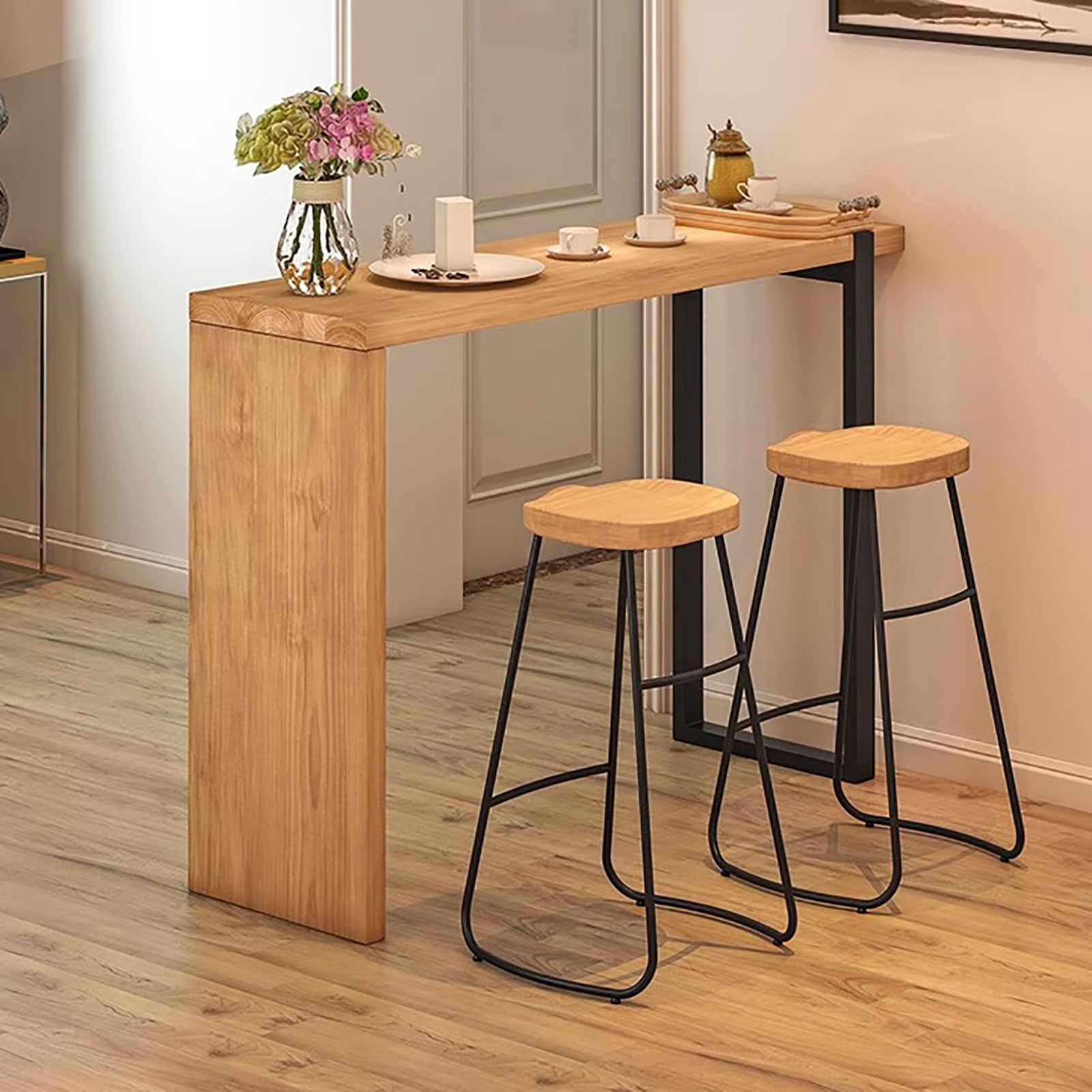 Bartisch- und Stuhlset, Stehtisch aus Massivholz, kreativer Esstisch mit Baumkante, für Küche, Wohnzimmer, Balkon, Keller, einfach zu montieren (140 x 40 x 105 cm / 55 x 16 x 41,5 Zoll)
