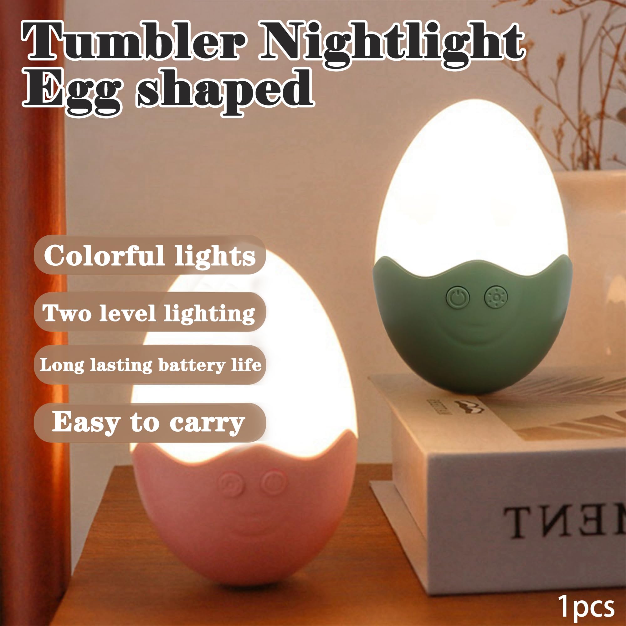 WIizyzfhy 2025 Cute Egg Lamp 8-Color Replaceable Kids's Night Light Portable Mini Bedside Lighting for Nightstand Bedroom Rechargeable Cordless Table Lamp with Dimming Function (Green)
