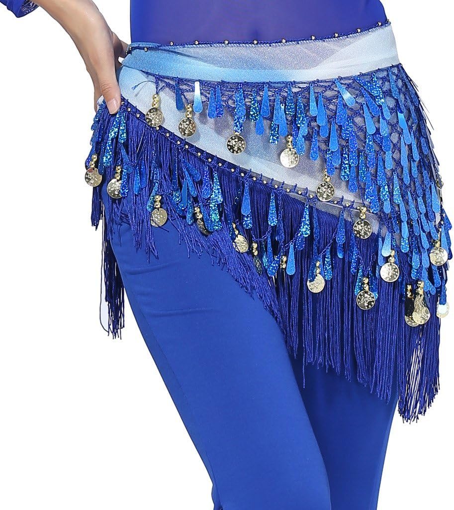 Women's Belly Dance Tassels Triangle Hip Scarf With Coins Sequins - Image 2