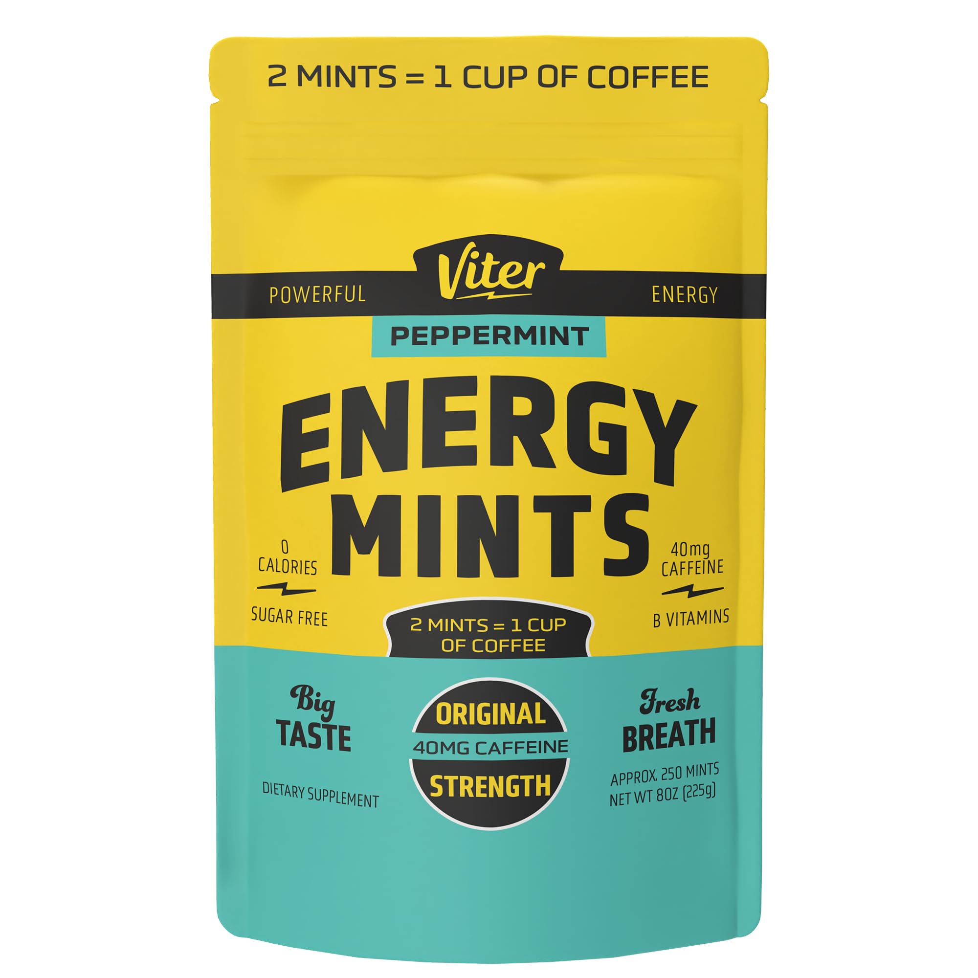 Viter Energy Caffeine Mints 40mg, Sugar Free, Peppermint, 8oz Bulk Bag