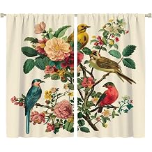 Garden Branch Bird Blackout Curtains for Bedroom/Living Room, Leaves Flower Tree Curtains Rod Pocket Thermal Insulated Window Drapes, 2 Panels/Each 36" W x 63" L