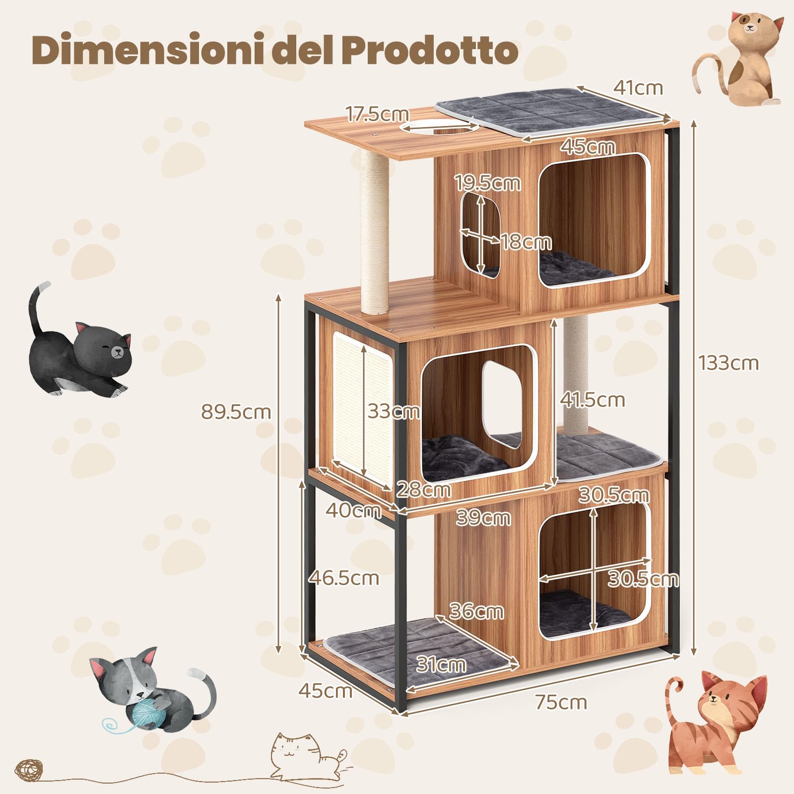 GYMAX Albero per Gatti in Legno con Struttura in Metallo, Condominio e Piattaforma, Pali Tiragraffi in Sisal, Cuscini Lavabili, Torre a Più Livelli, Mobile per Arrampicamento (75 x 45 x 133 cm)