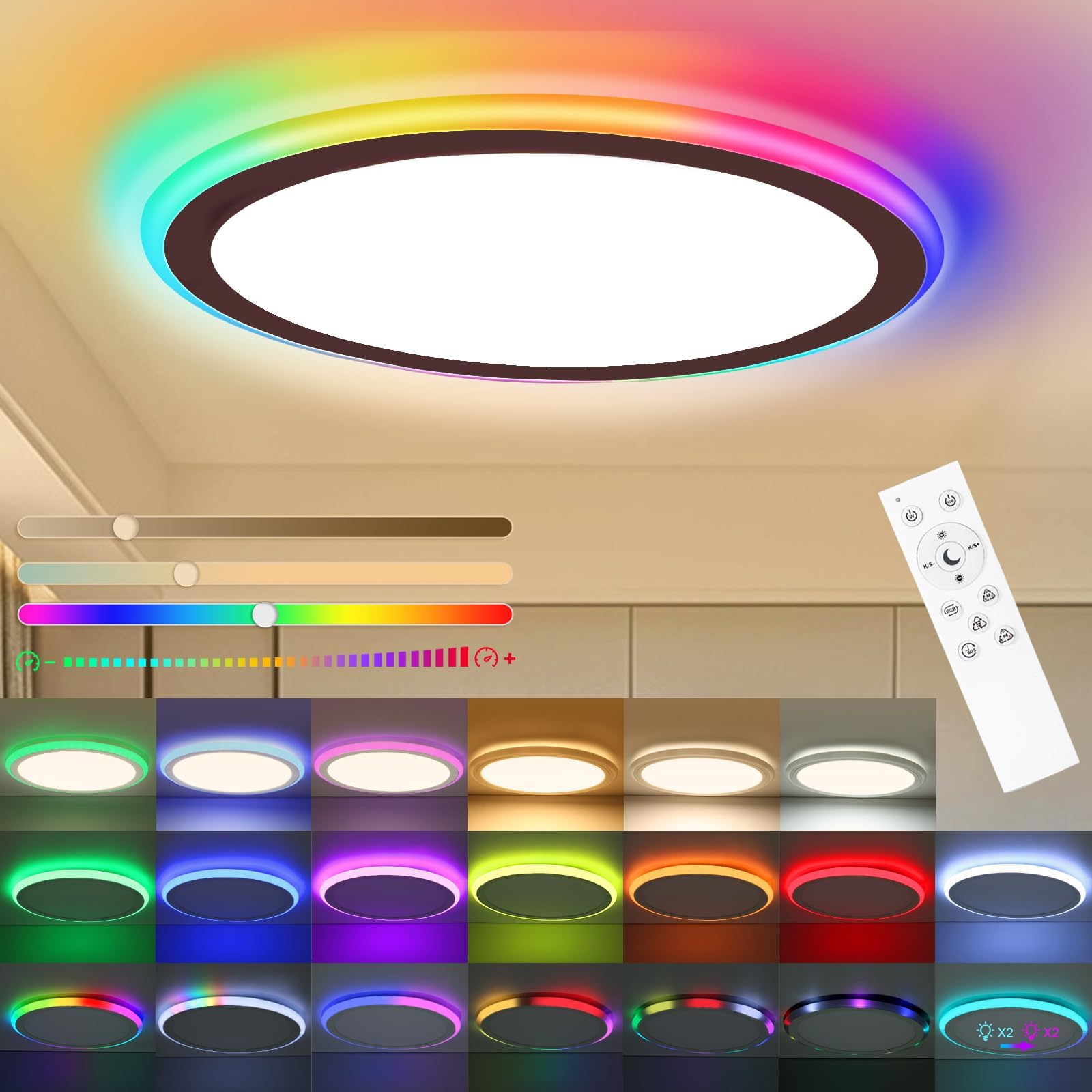 RGB Flush Mount LED Ceiling Light Dimmable with Remote Control, 13Inch 30W Close to Ceiling Light Fixture 3000-6500K, Modern Low Profile Round Ceiling Lamp for Bedroom Kids Room Party