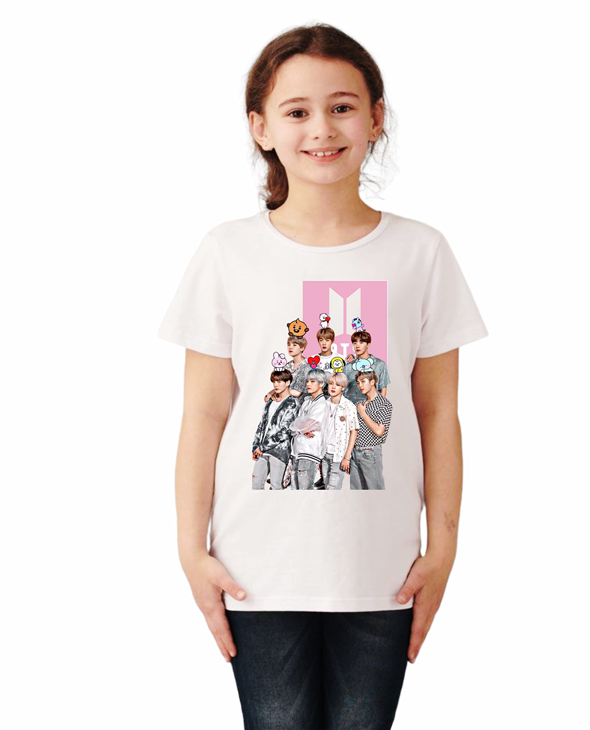 Uniplanet Store Cotton Blend Regular Fit Round Neck Half Sleeve White Group 12 Kids Girls BTS T-Shirts | Girl T-Shirt