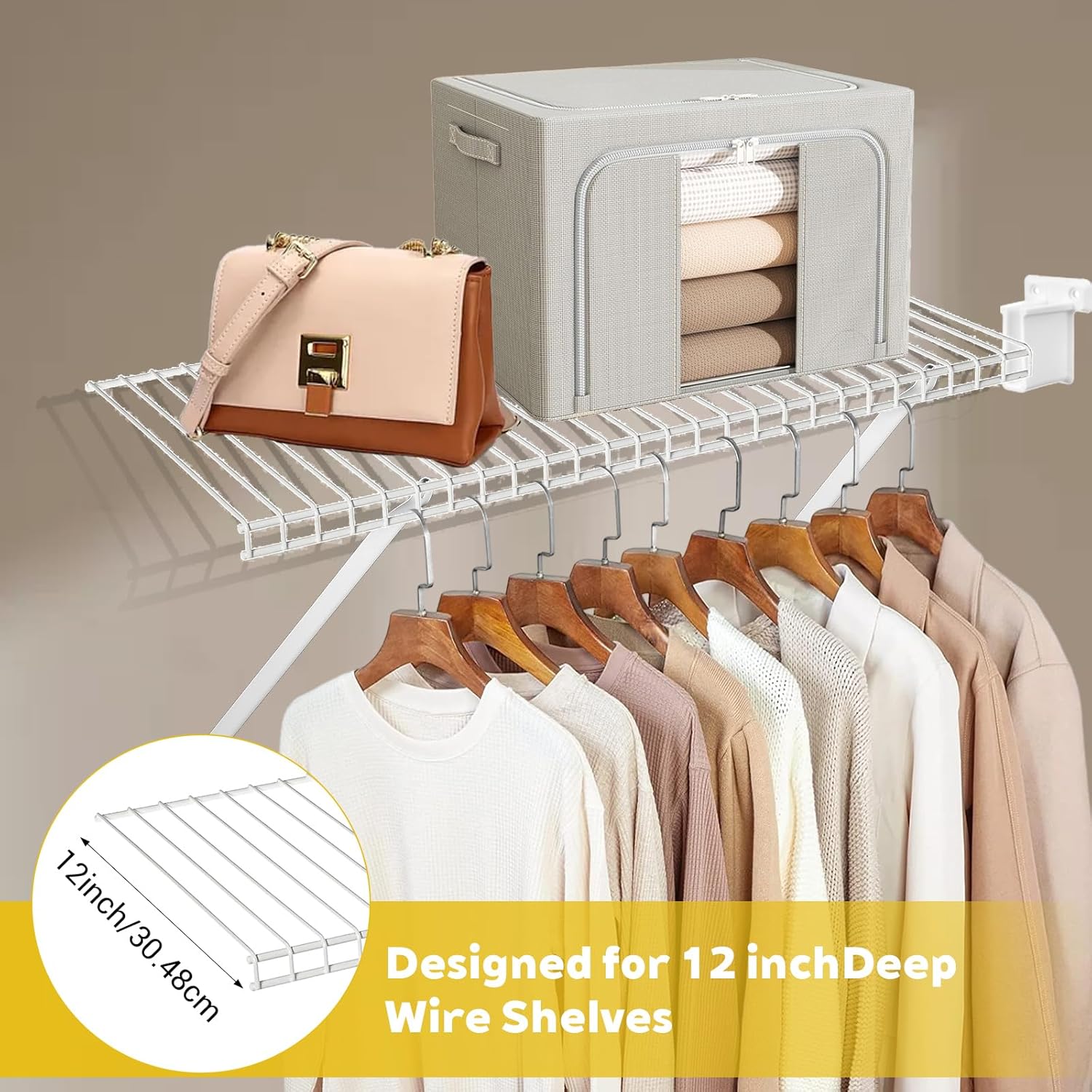 16 Pcs 12 Inch Wire Shelf Support Brackets Kit, Include 4 Mental Closet Support Brace 8 White Down Wall Clips and 4 Wire Shelf End Brackets with Screws for Wardrobe