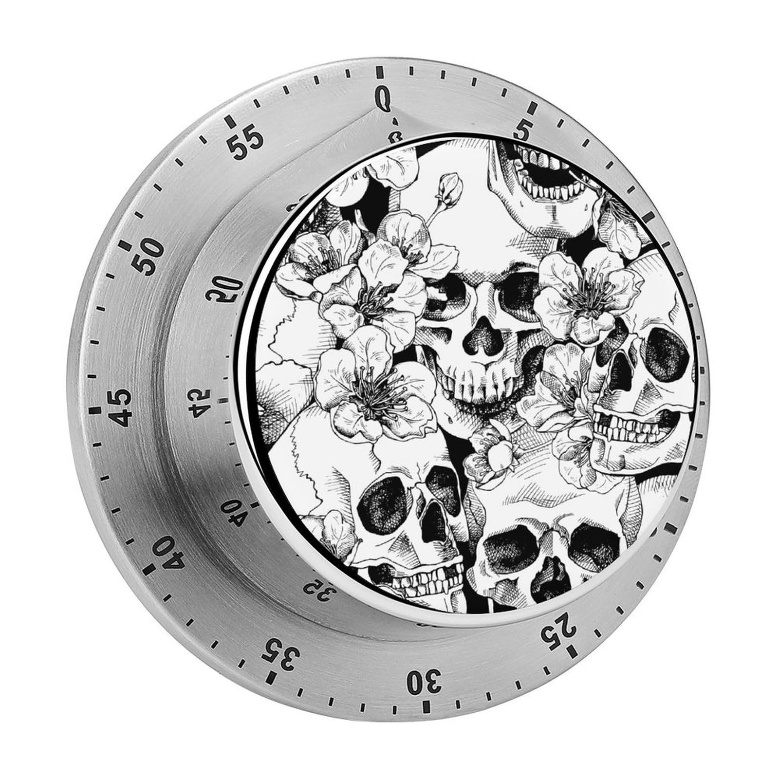 Skull Flowers Cherry Black and White Circular Rotating Timer, Suitable for Kitchen and Bedroom