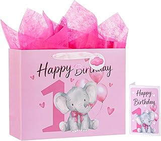 Powbrace 1st Birthday Gift Bag for Baby Girl with Tissue Paper and Greeting Card for Party,Happy Birthday Gift Bag for Girls Babies,Gift Bags Medium size, 13"(1 PCS Pink Cartoon)