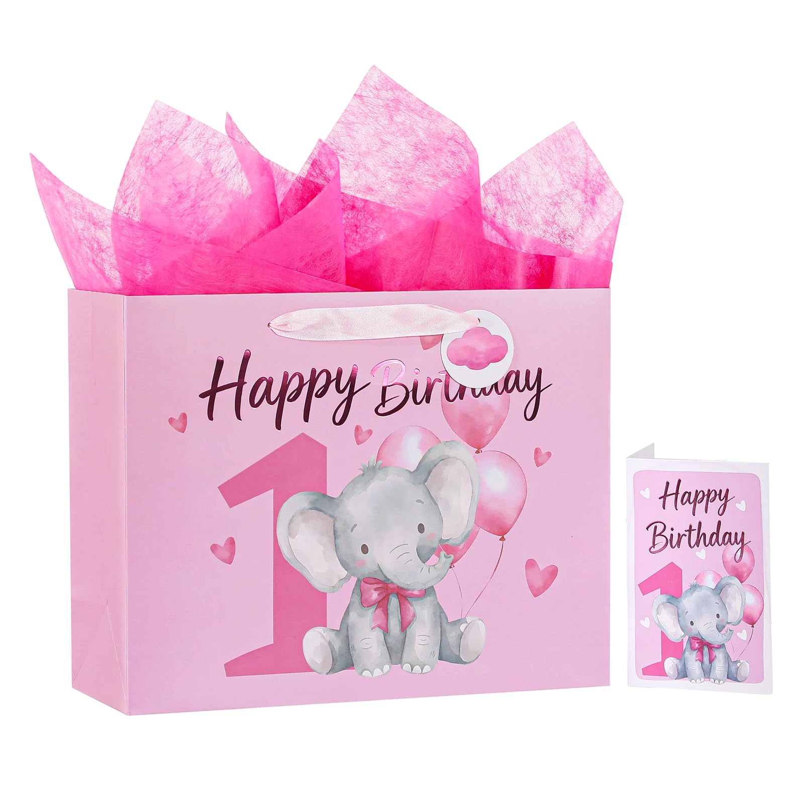 13" 1st Birthday Gift Bag with Tissue Paper & Card(1 Pack Light Pink) | Happy Birthday Gift Bag for Men Women,Gift Bags Medium size, Cartoon Bags, 1st Birthday Bag for Babies, Baby Show Light Pink 1 Pack