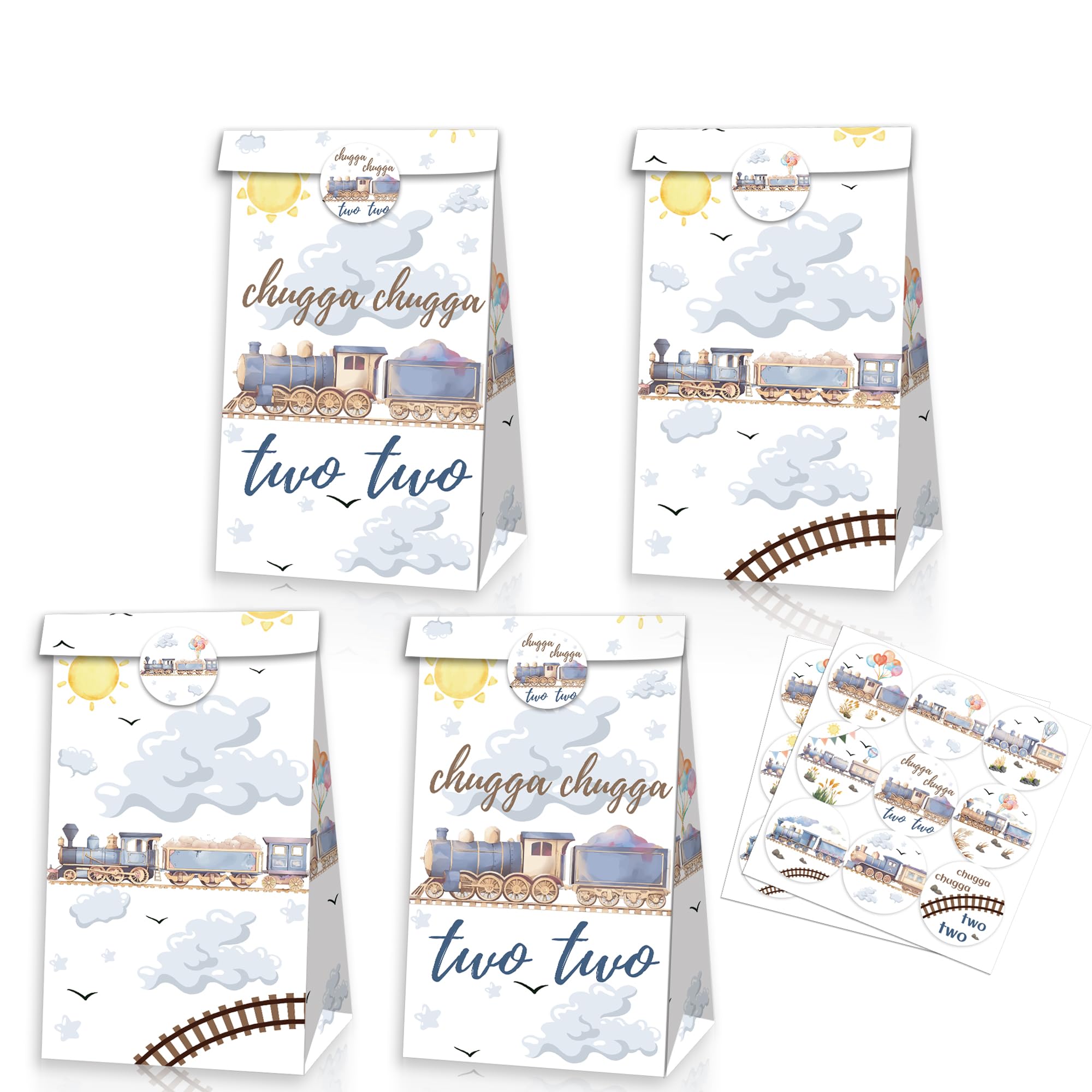 12 Packs Train Party Paper Bags, 22x16x8 cm Gift Bags with stickers for Kids or Adults in Birthday party, Weddings, Events or Shopping (train)