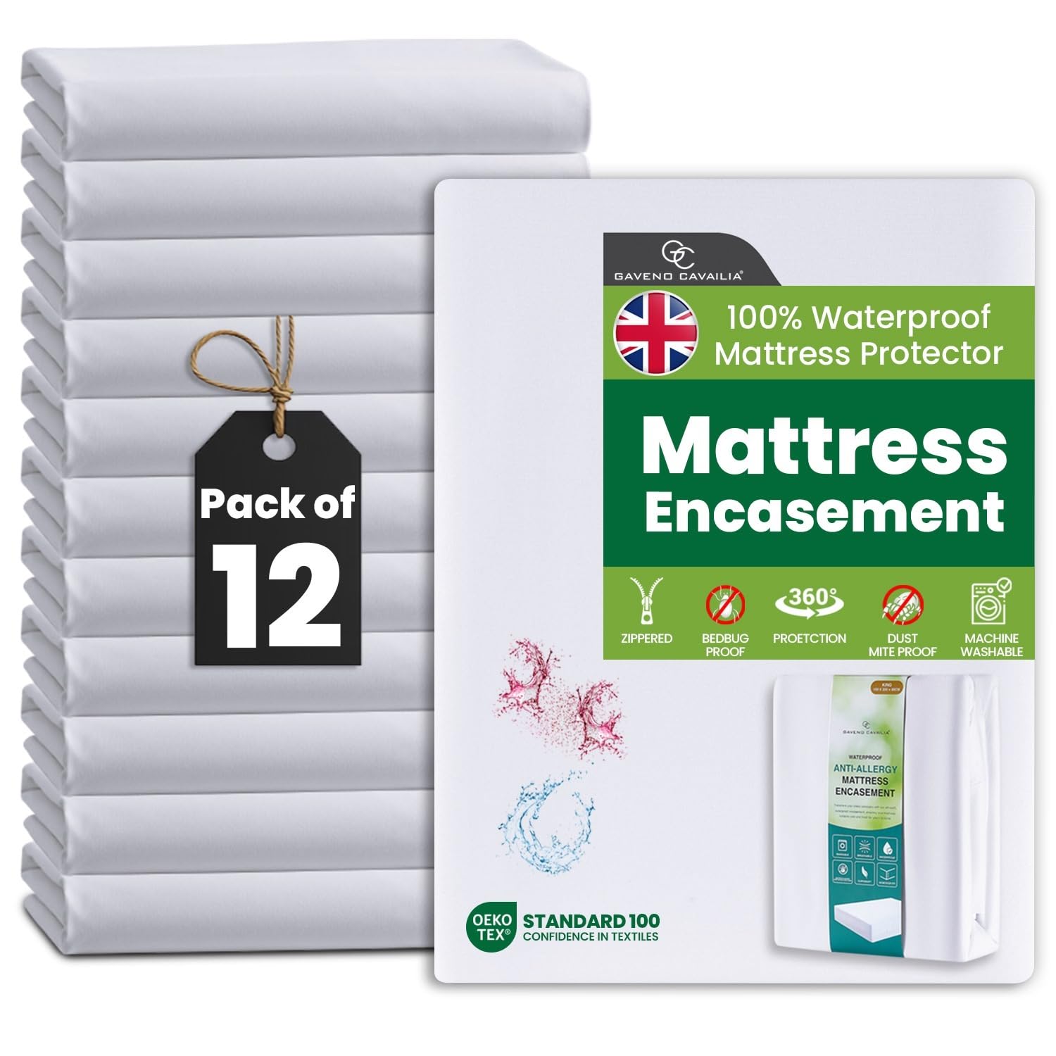 GC GAVENO CAVAILIA 12 Pack Mattress Encasement Super King | Waterproof Mattress Protector | Anti-Allergy Zipped Mattress Cover | Bed Bug Dust Mite Proof | Super King Mattress Protector | White
