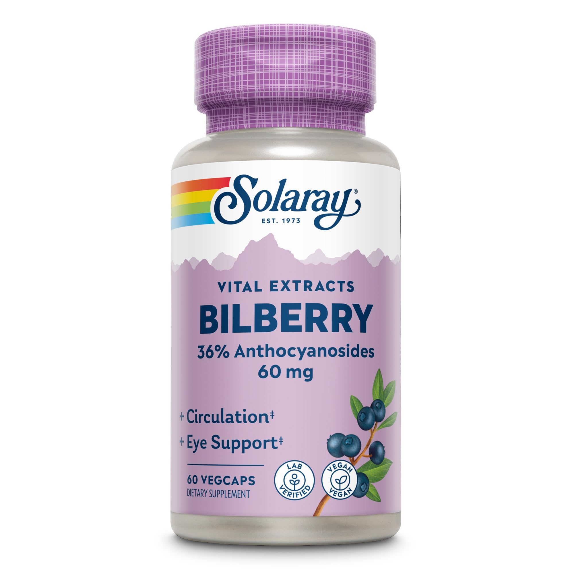 SOLARAY Suplemento Fitoterápico de Mirtilo, Extrato de Mirtilo 60 mg, 60 cápsulas vegetais