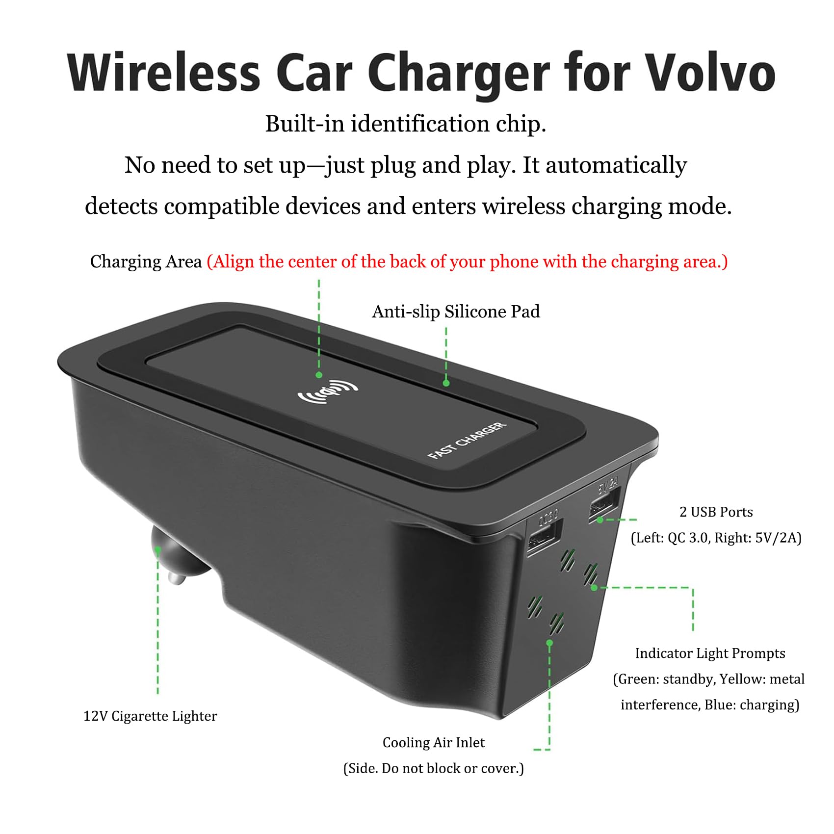 Caricabatteria da auto wireless per XC90/XC60/S90/V90/V60, 15 W, ricarica rapida, caricabatterie wireless per telefoni cellulari con porta USB QC 3.0 (nero)