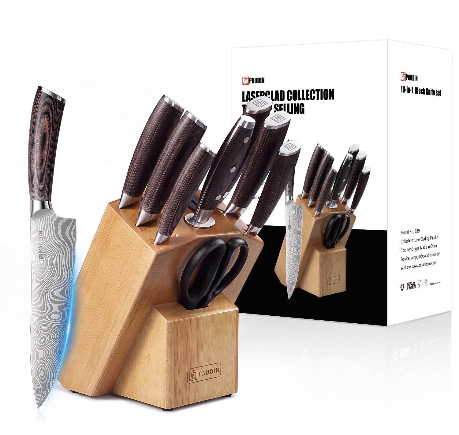PAUDIN Messerset mit Block 10 Teilig, Messerblock mit Schärfer, Laser Clad Klinge 62 HRC, Scharfe Küchenmesser Set, Belüfteter Holzblock, Pakka Holzgriff, Geschenk, Kochmesser, Santokumesser