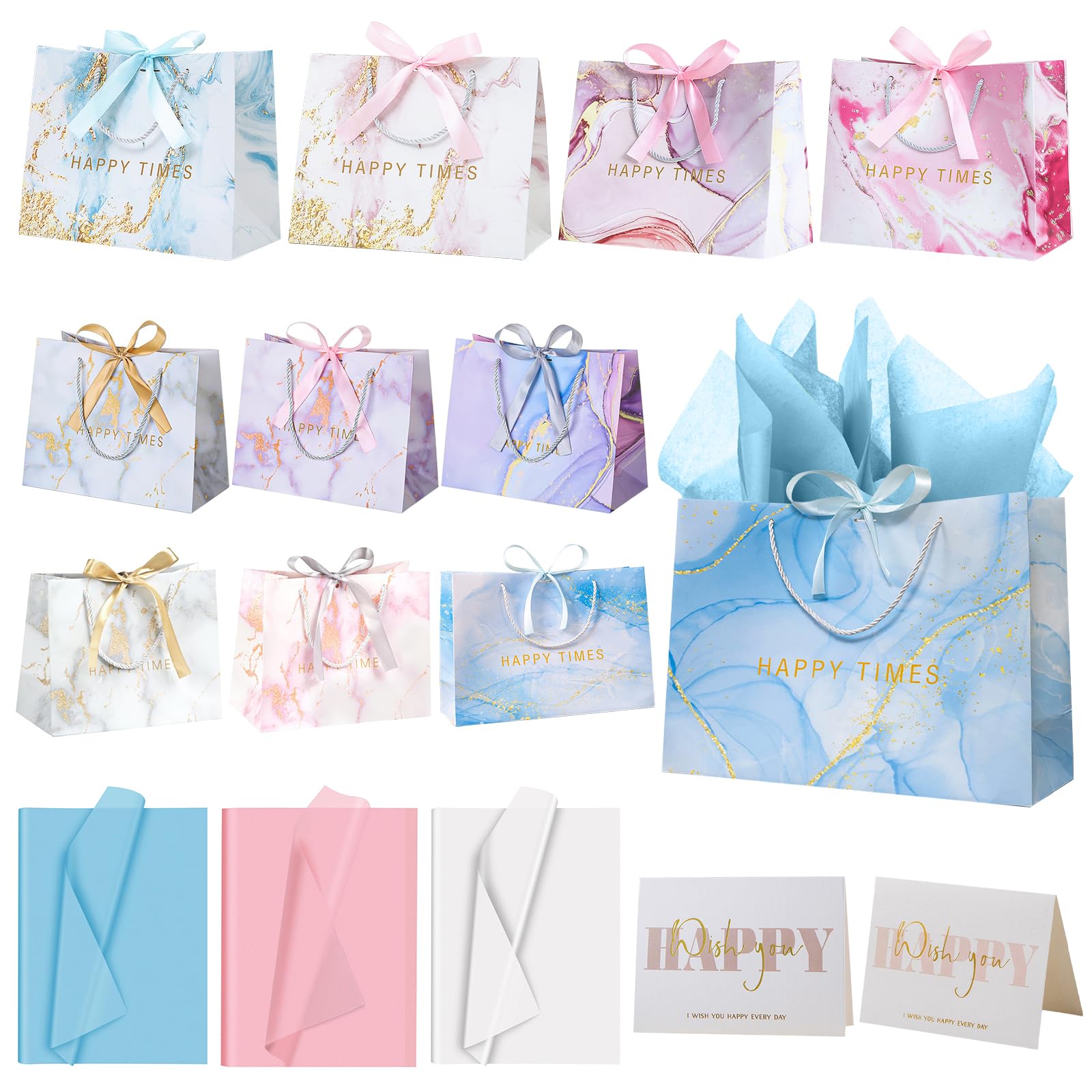 Medium Gift Bags for Present - 10 Pcs Birthday Gift Bag with Ribbon, Paper Bags with Handles 10 Wrappers and 10 Cards for Girls Womens Wedding Party Christmas Bridesmaid