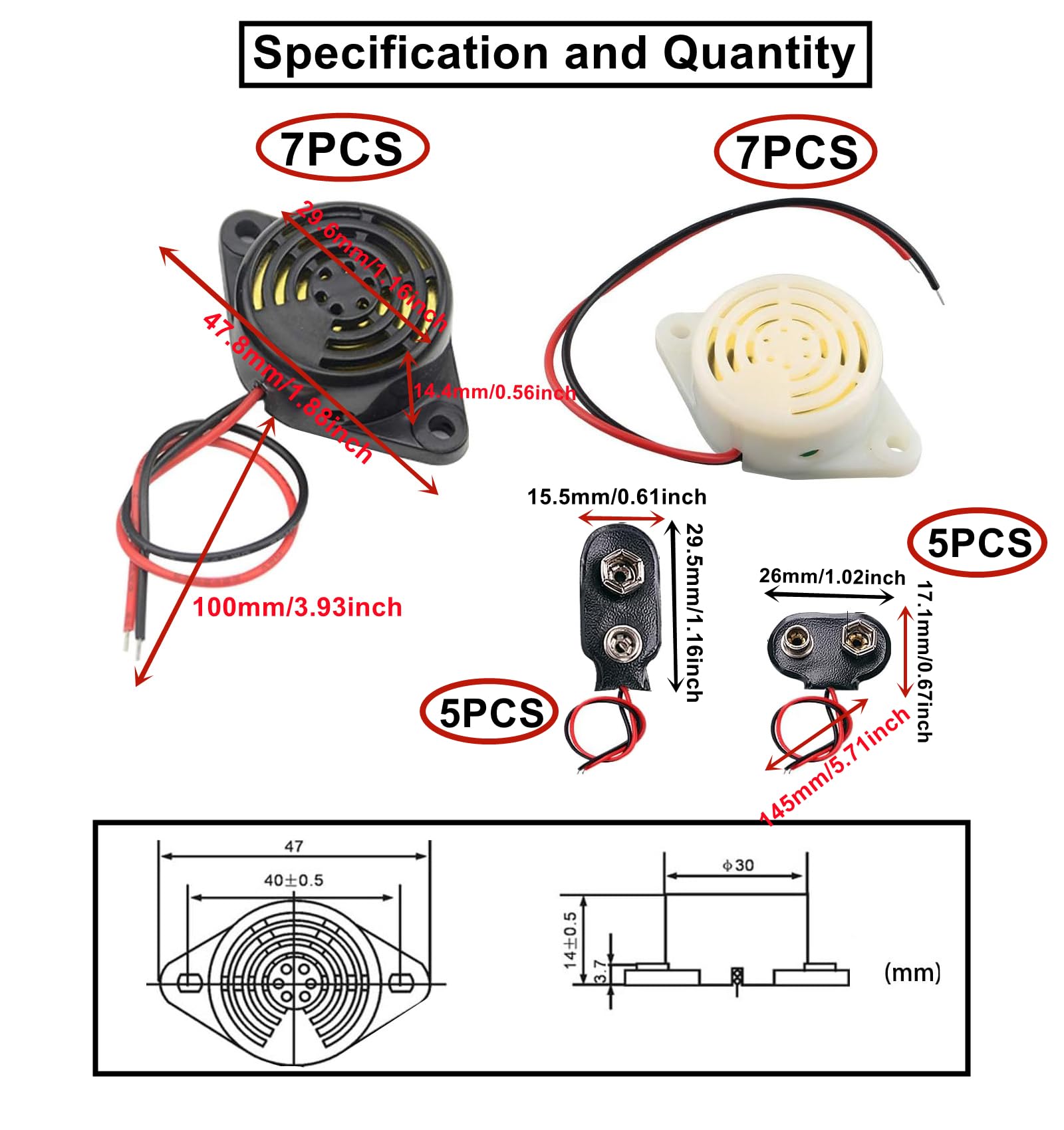 14 Buzzer Piezoelettrici DC 3-24V + 10 Connettori Batteria 9V - Allarme Sonoro Per Progetti Elettronici - Foto 6