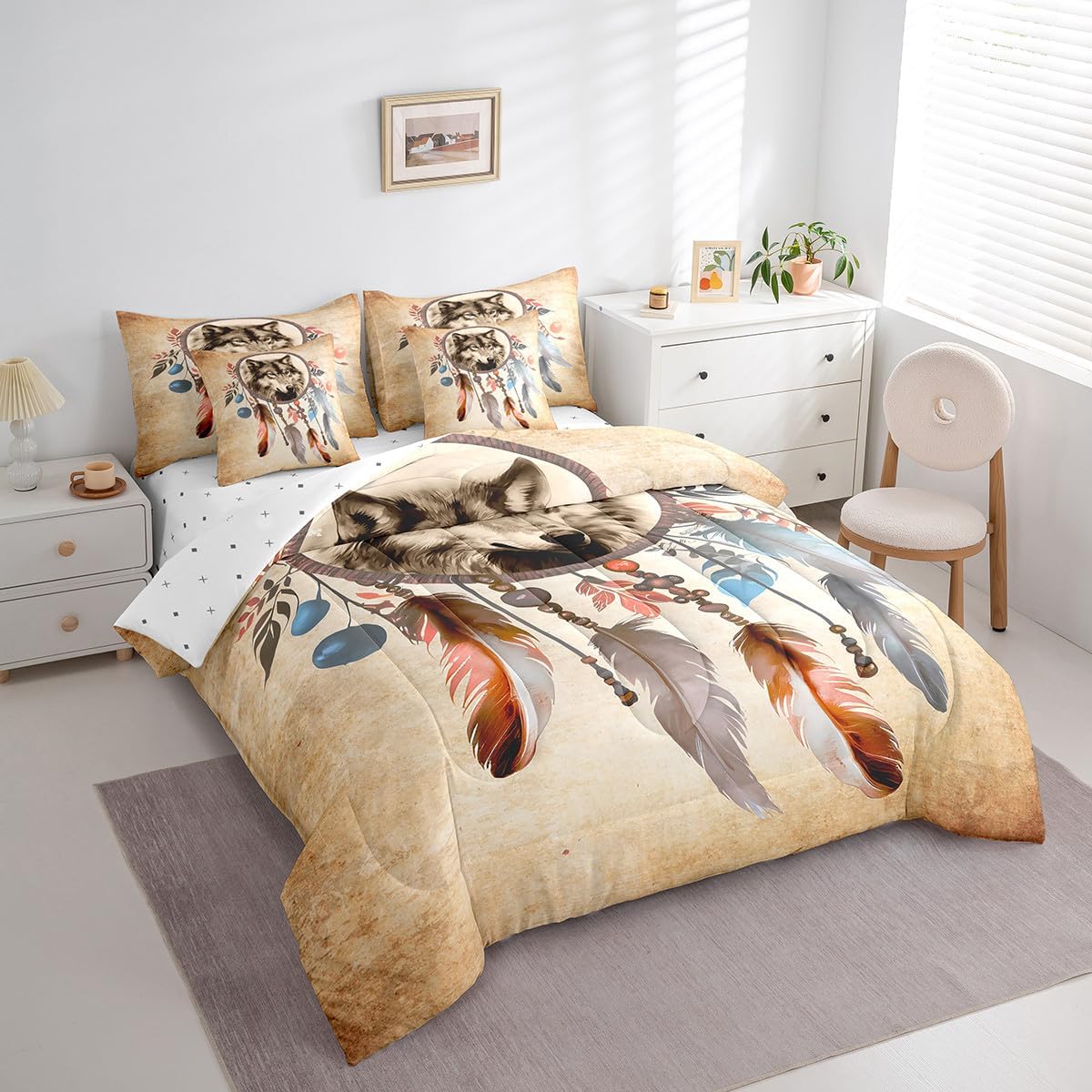 Feelyou Dreamcatcher Comforter Set Twin Size 7 Pieces, Boho Wolf Bedding Set for All Season, Bohemian Bed in a Bag with Comforter, Sheets, Pillowcases & Cushion Cover