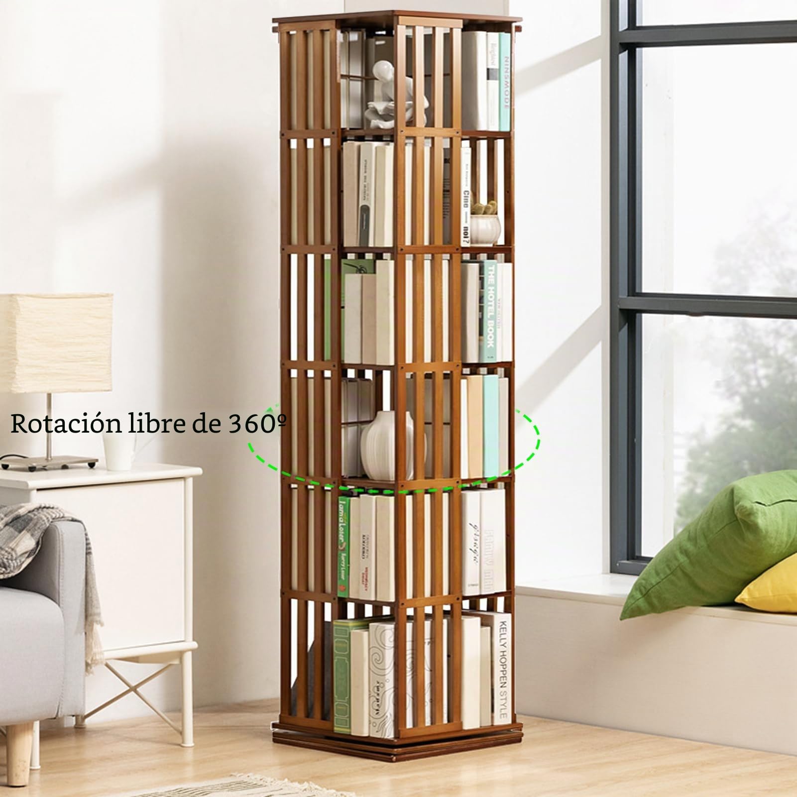 Estantería Giratoria de Bambú 360° Librería Giratoria (6to Piso) | Estantería Librería Alta de Pie Libreria Madera de Estudio y Biblioteca pie para niños y Adultos Mueble Almacenaje Multiusos