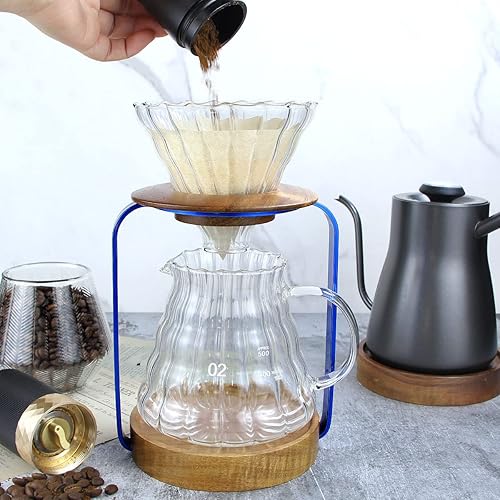 Miniatura 8 de SOTECH Soporte para gotero de café con soporte de metal, soporte de filtro de madera, servidor de vidrio con filtros de café de papel, juego de