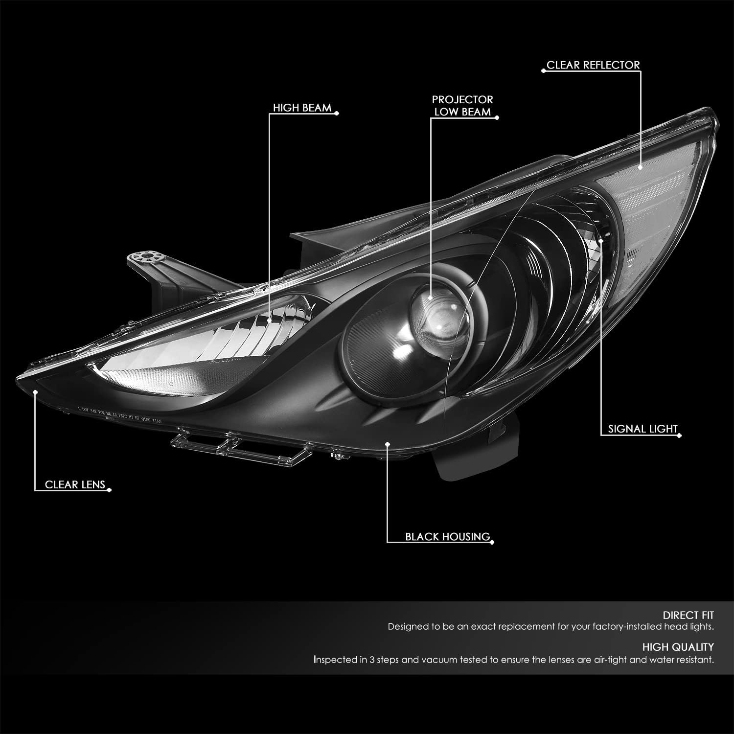 DNA MOTORING HL-OH-HSON11-BK-CL1 Black Housing Projector Headlights Compatible with 11-14 Sonata, Headlight Equipped Models or Hybrid Models