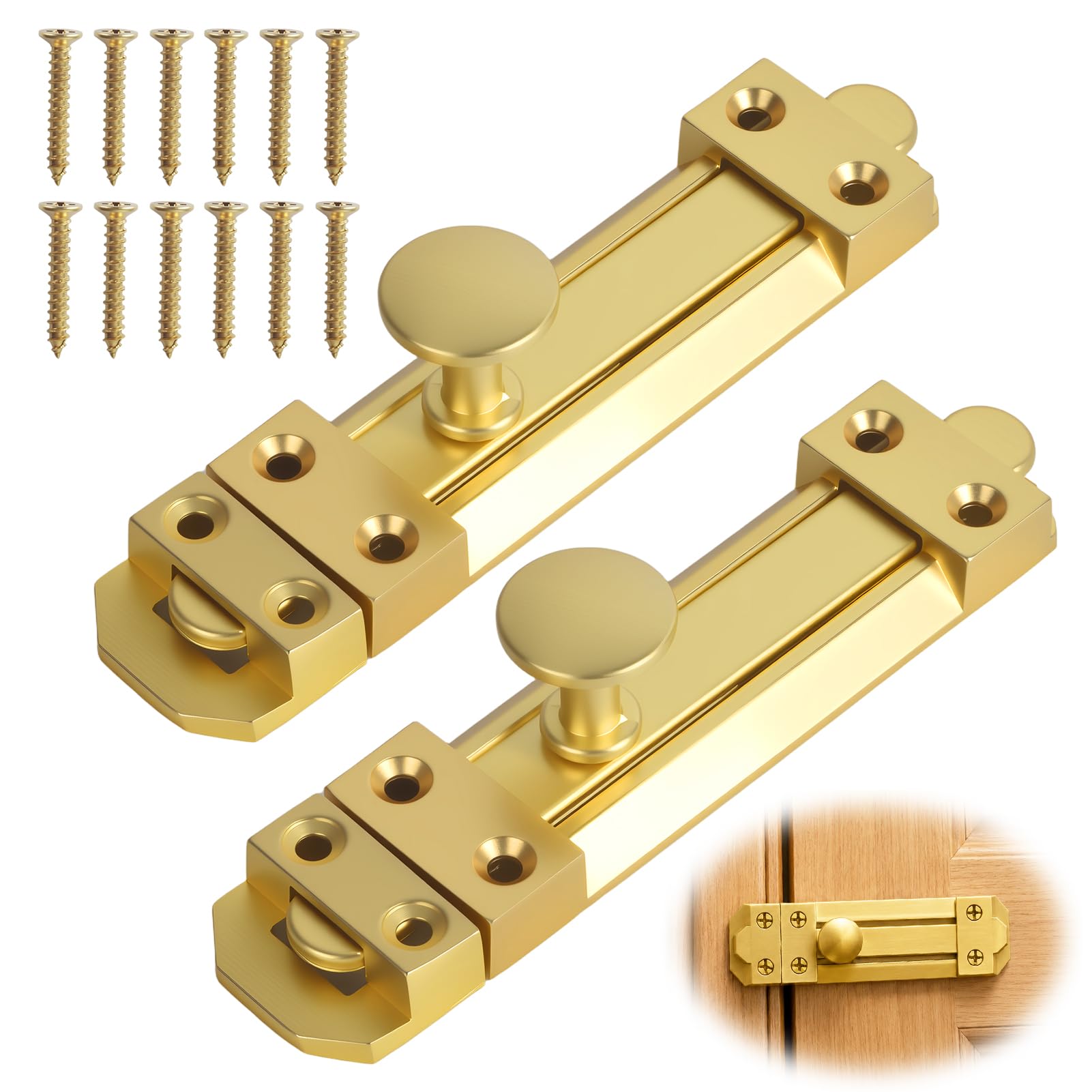 2 Pack Brass Door Bolt Lock 4 inch/100mm Surface Mounted Internal Sliding Bolt Lock with Screws for Internal External Doors Bathroom Bedroom Cabinets Cupboards Other Wooden Doors