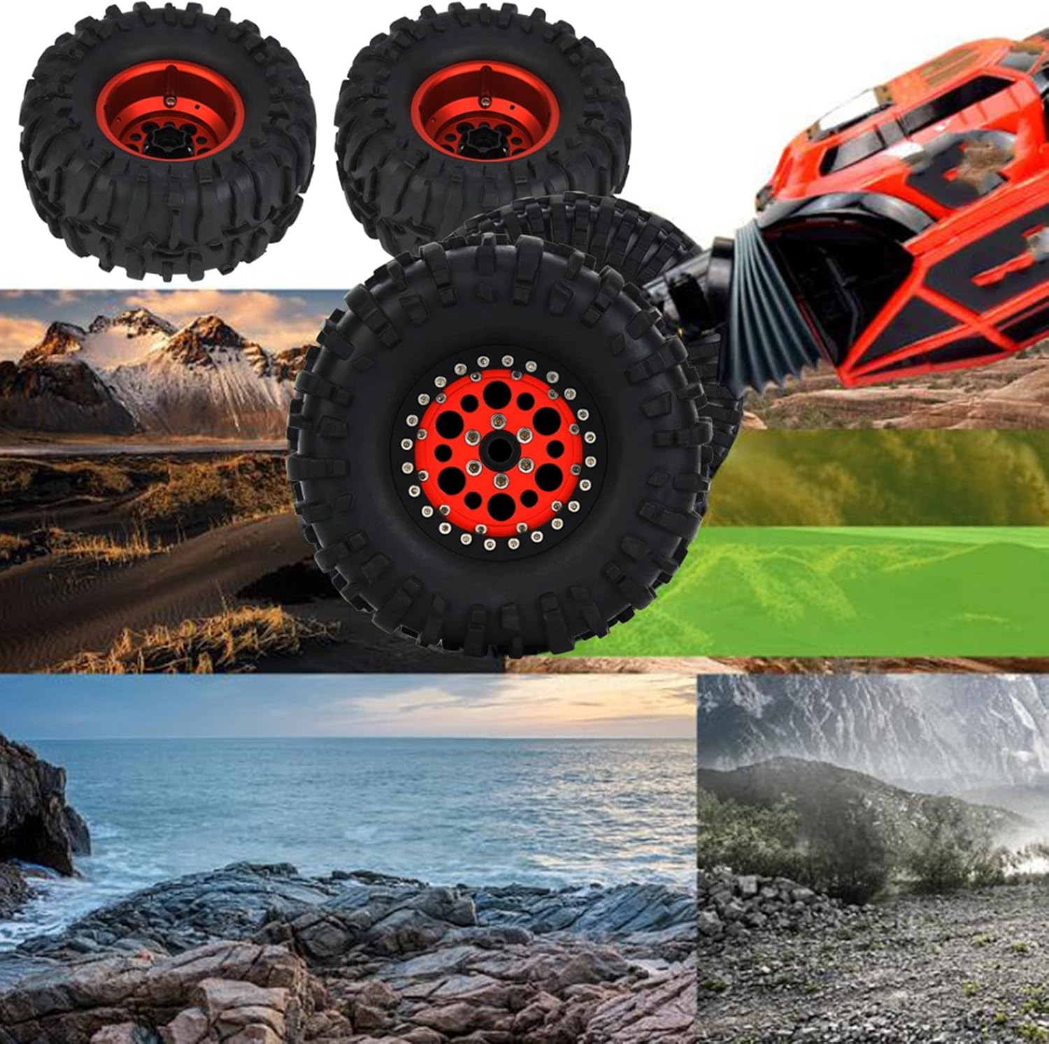 ゴムタイヤ合金リムホイールセット 1/10 RC クローラートラック用、強力なダンピングと高い耐摩耗性を備えた RC カータイヤ、1