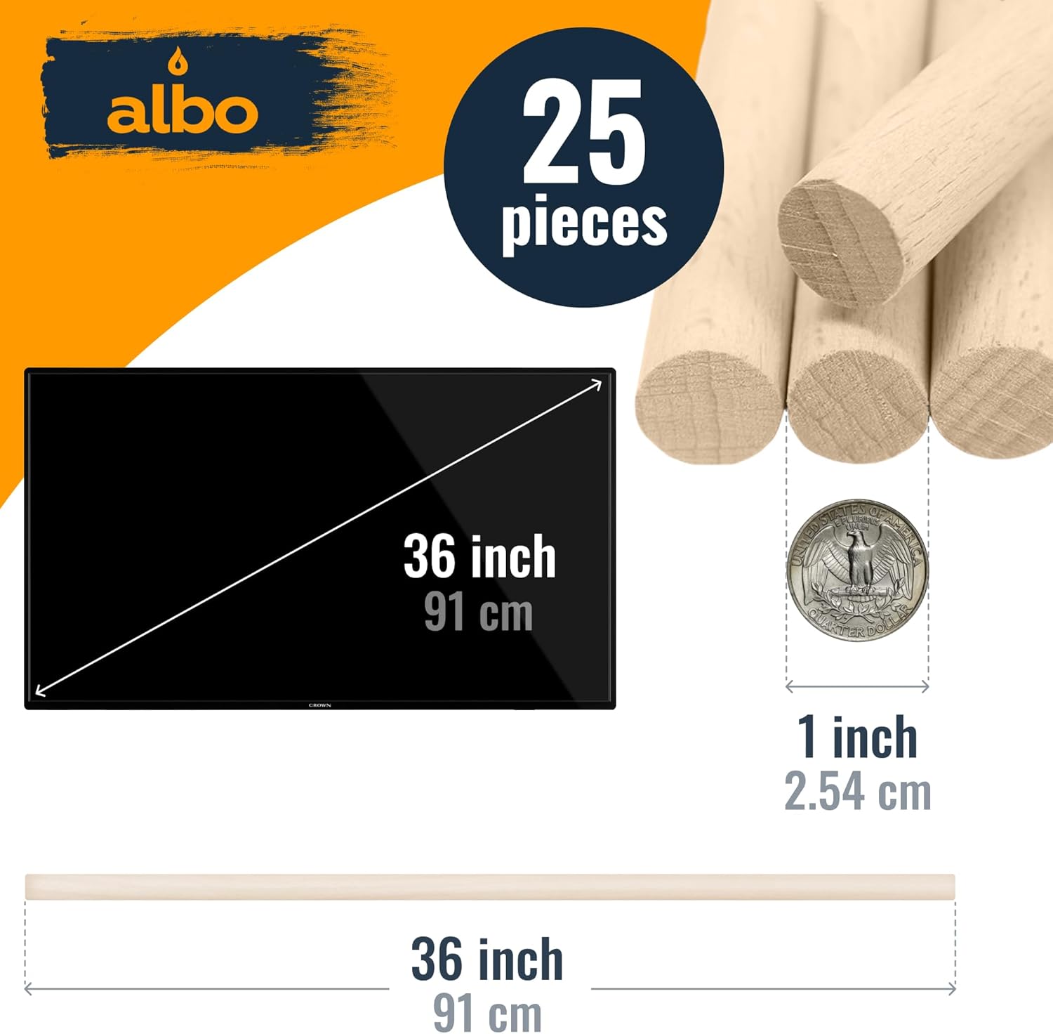 Albo 1" x 36" Wooden Dowel Rods Set - 25 Pack Birch Natural Long Craft Sticks Woodworking Furniture Garden Structures Hardwood Sanded Smooth Railings Supports Decor Crafts DIY Projects